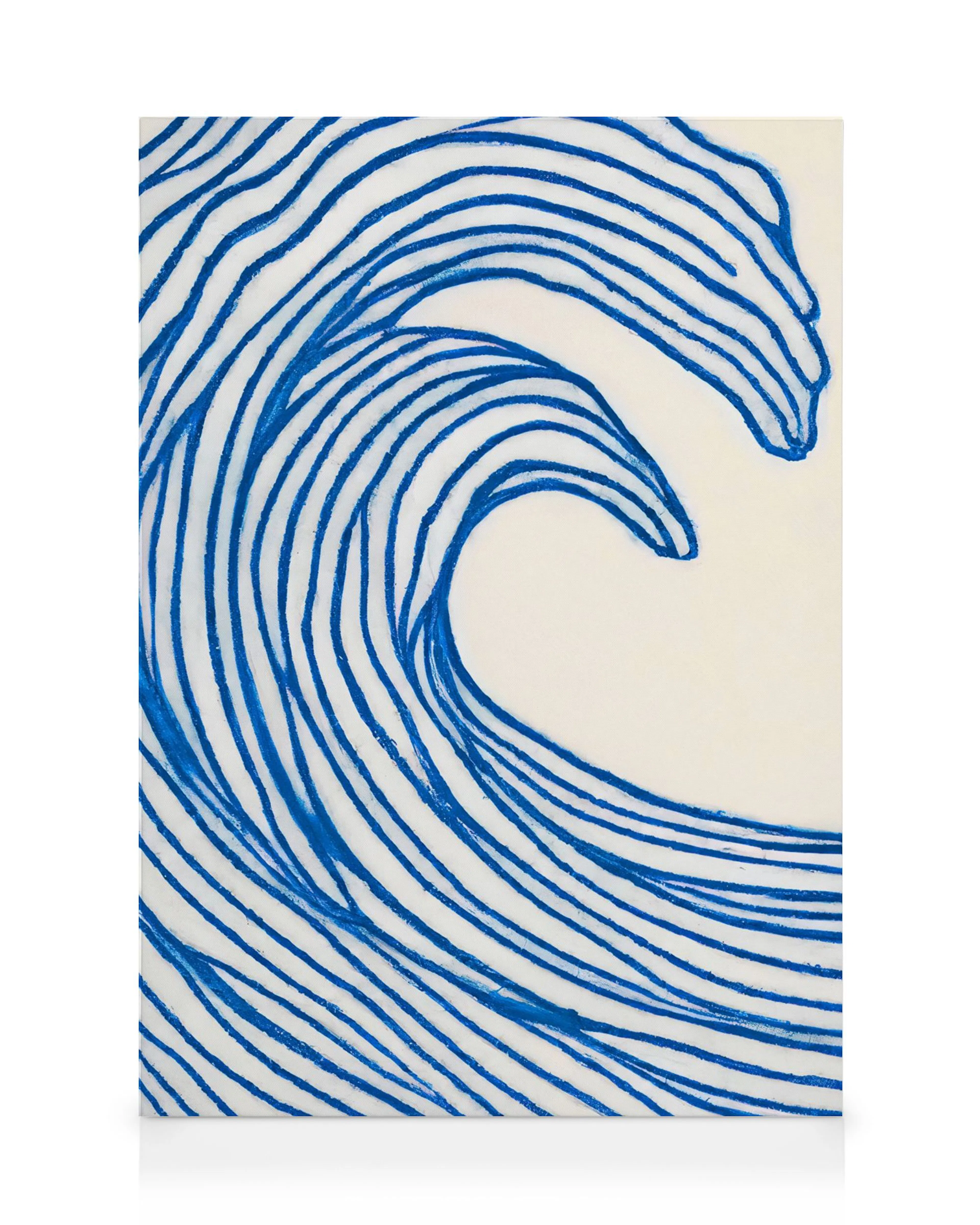 Toile murale, vague bleue stylisée aux lignes épaisses sur fond beige clair.