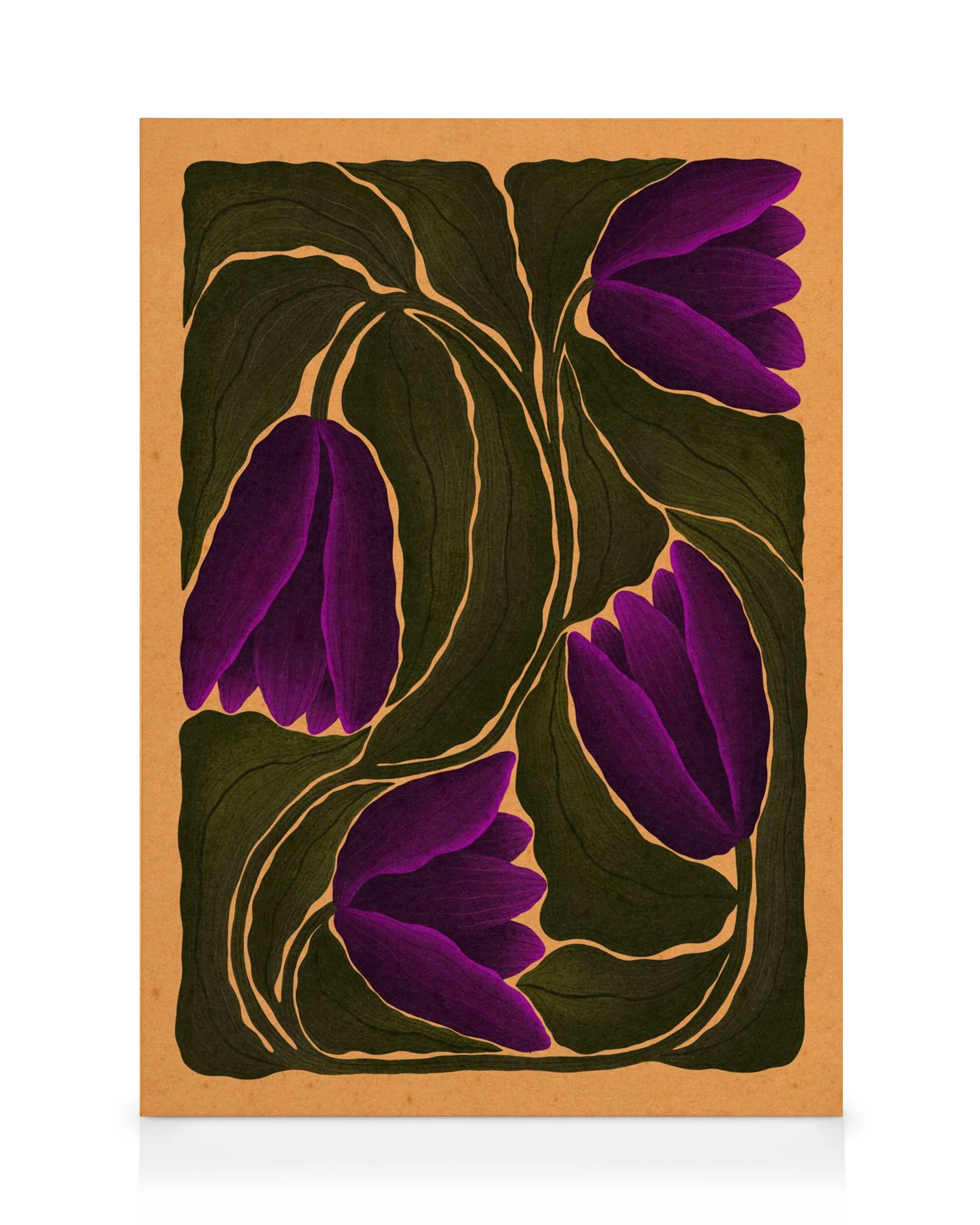 A canvas print featuring five vibrant purple tulip buds with dark green leaves on a warm brown background.