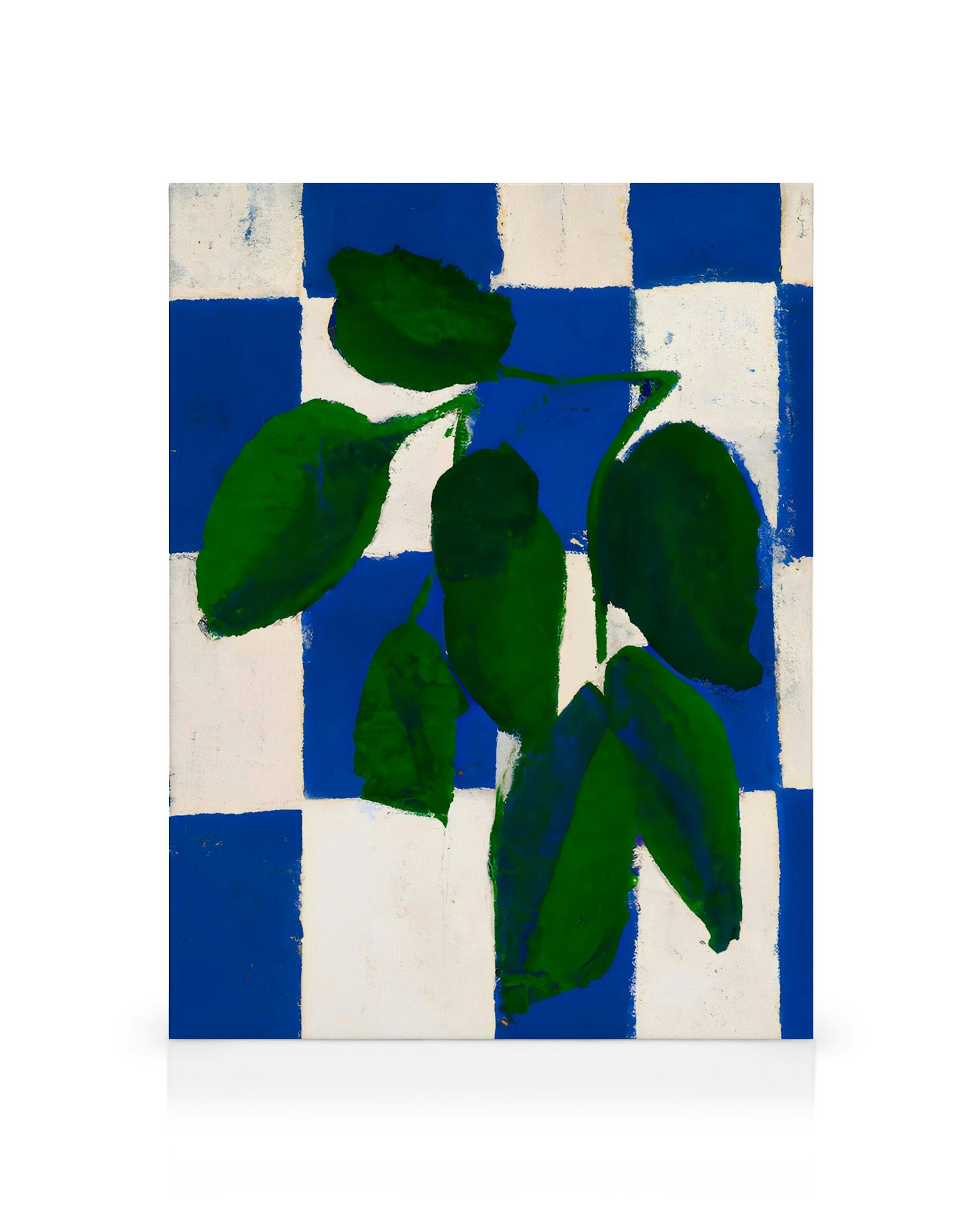 A canvas print featuring green leaves on a blue and white checkered background, in a painterly style.