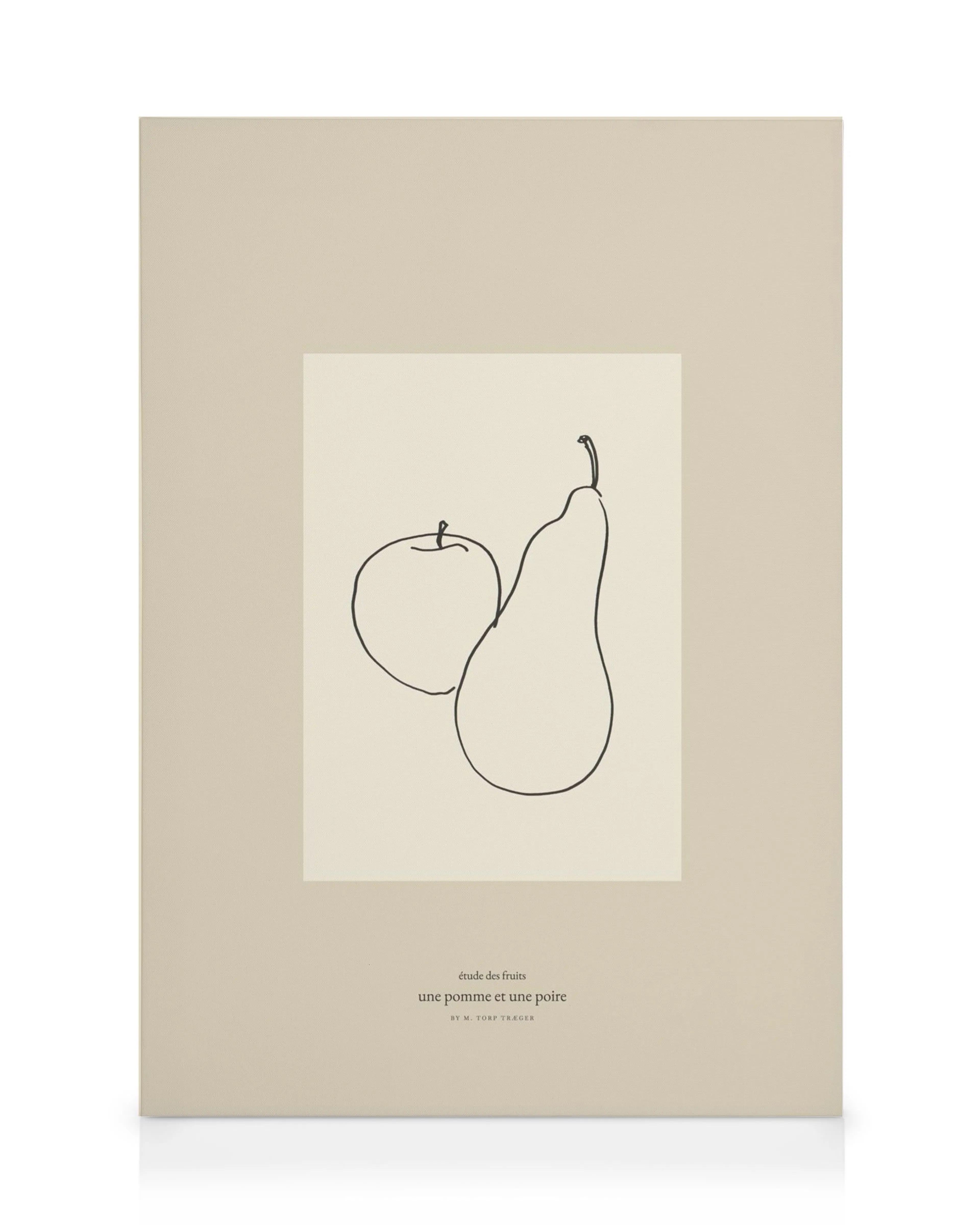 Canvastavla med en minimalistisk svart linjeteckning av ett äpple och ett päron på ljusbeige bakgrund.