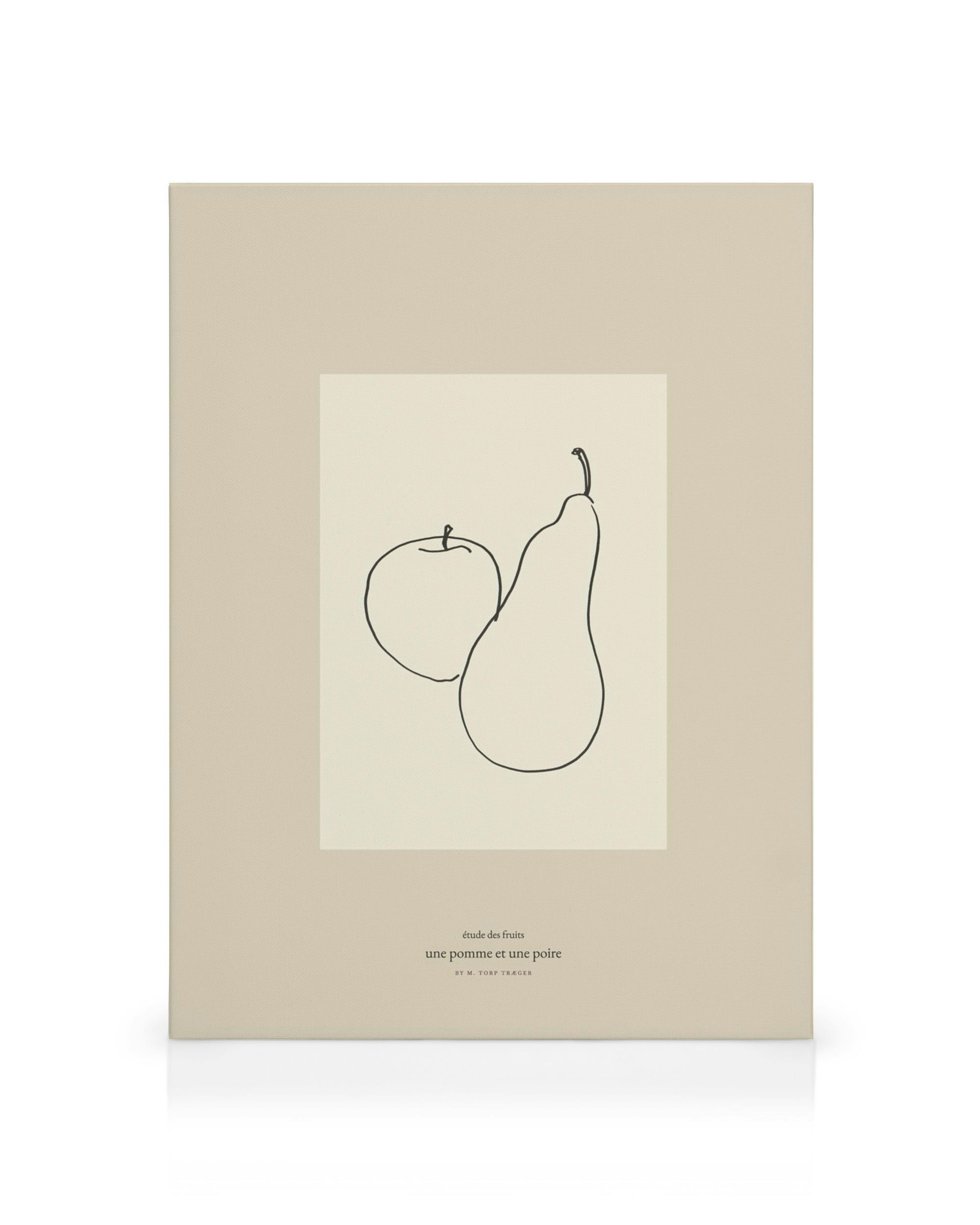 Lienzo con ilustración de línea minimalista de una manzana y una pera en blanco y negro, sobre un fondo beige.