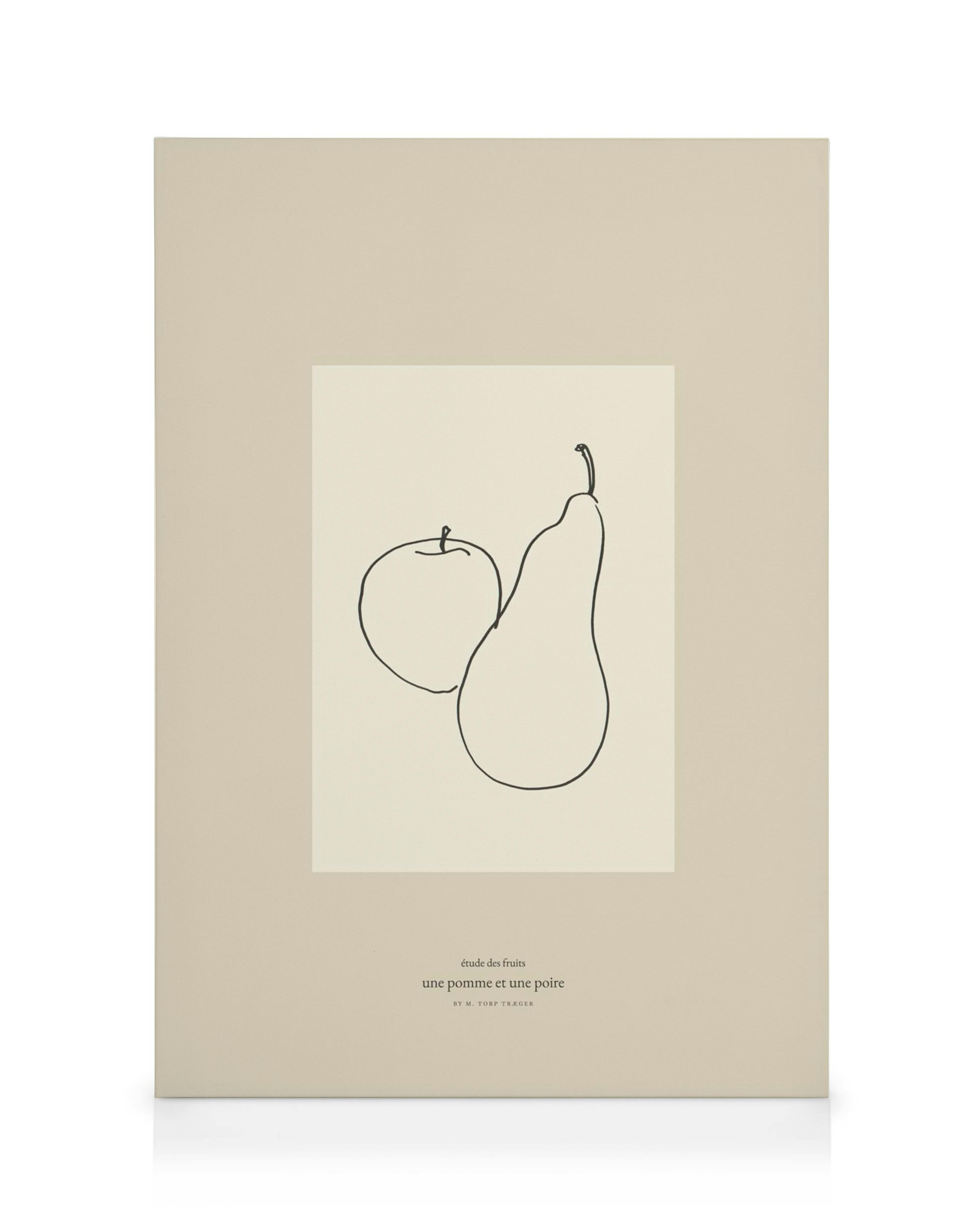 Stampa su tela con illustrazione minimalista di una mela e una pera in bianco e nero su sfondo neutro.