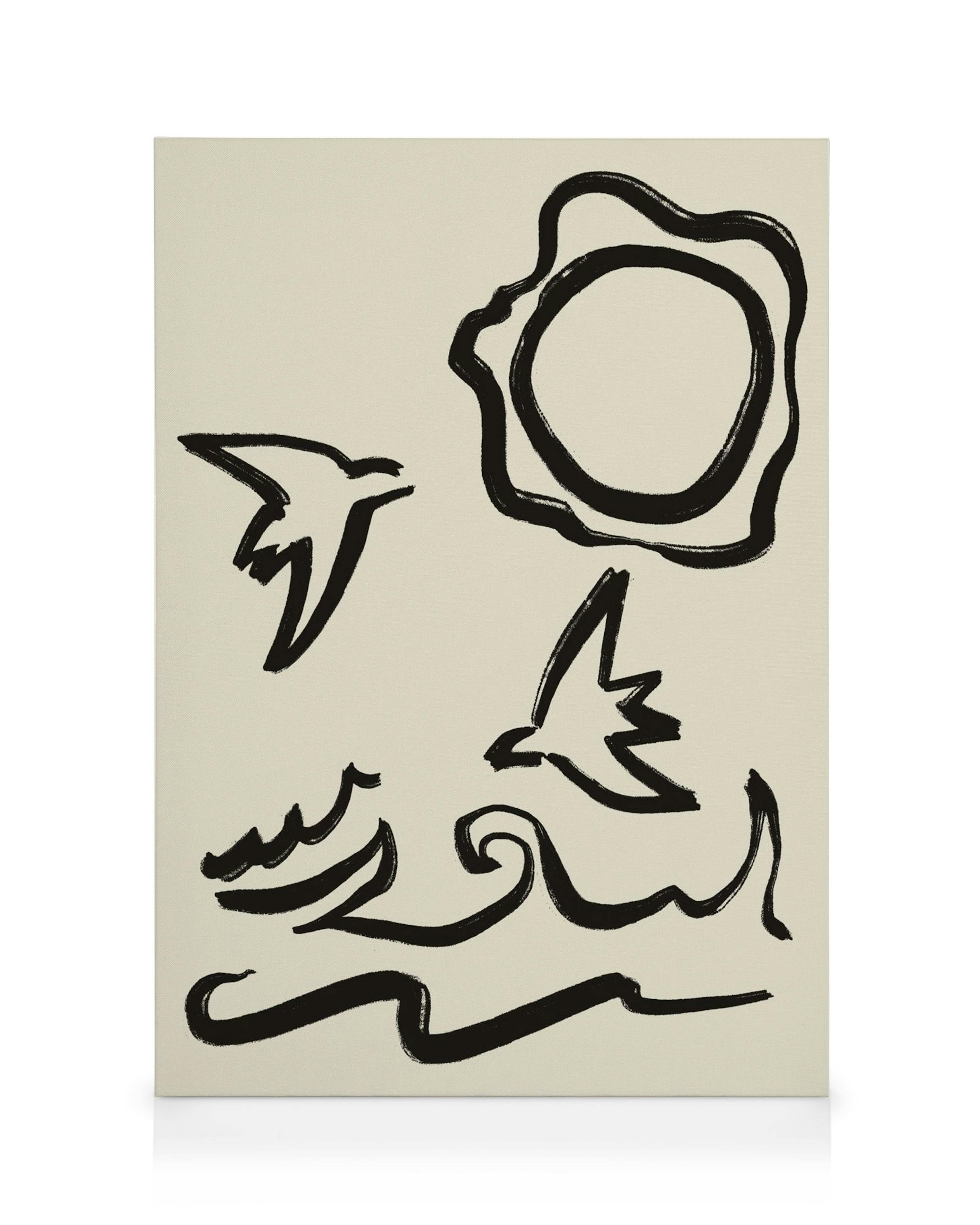 Lienzo con diseño abstracto minimalista de aves, sol y olas en trazos negros sobre fondo crema.