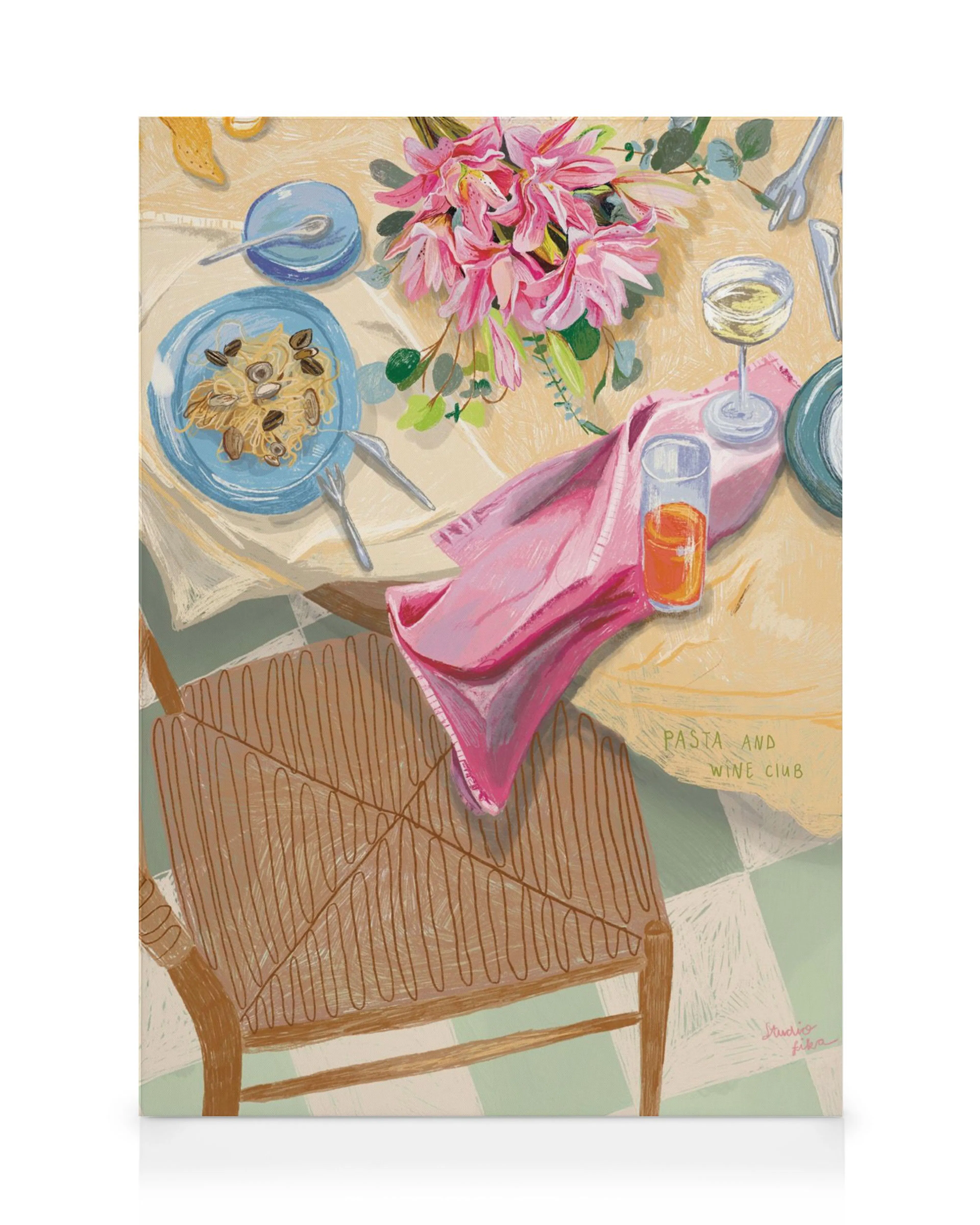 Lerretsbilde av et borddekket med pasta, vin og blomster, med teksten Pasta and Wine Club.