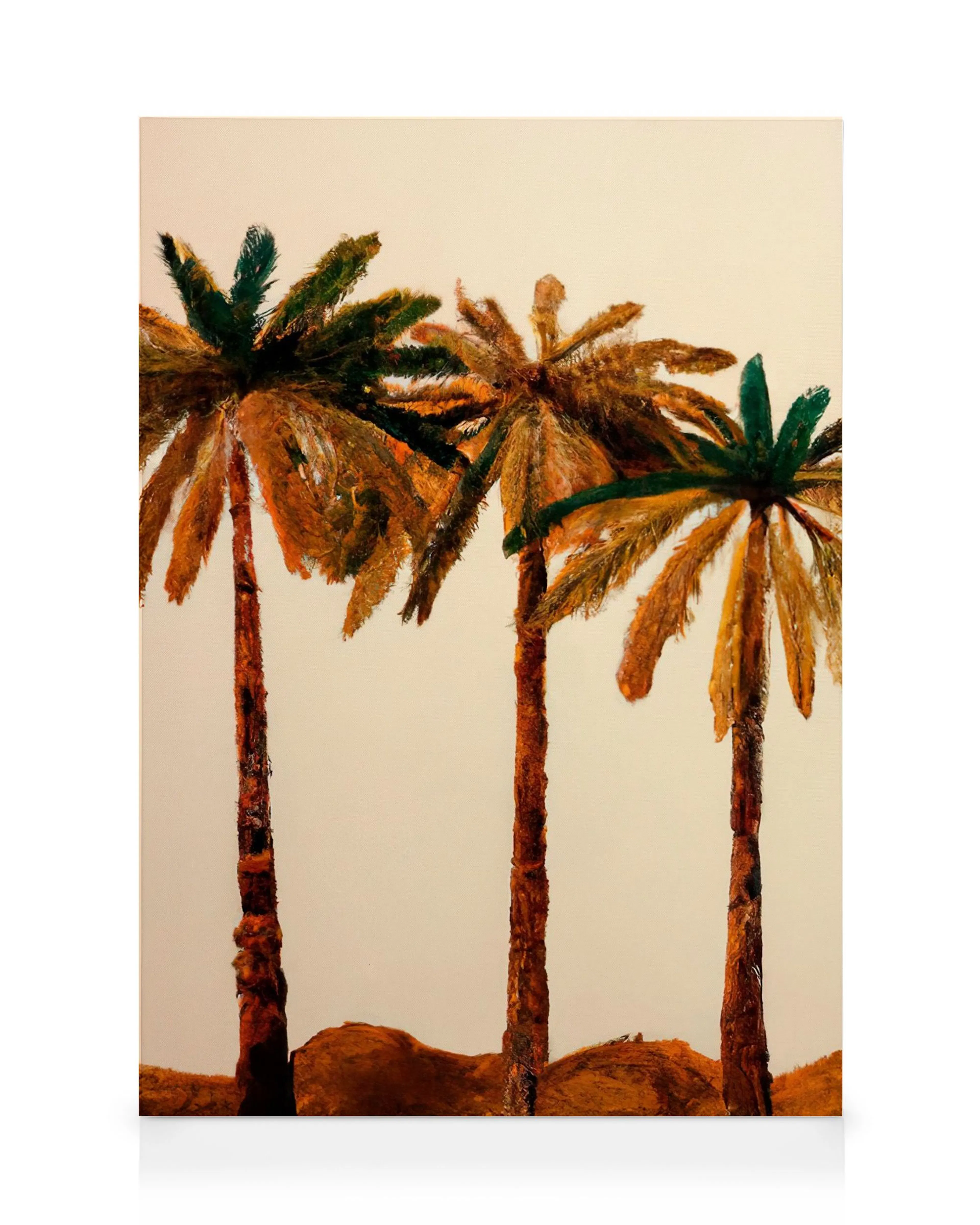 A canvas print featuring three stylized palm trees with textured brown trunks and green-brown fronds against a cream background.