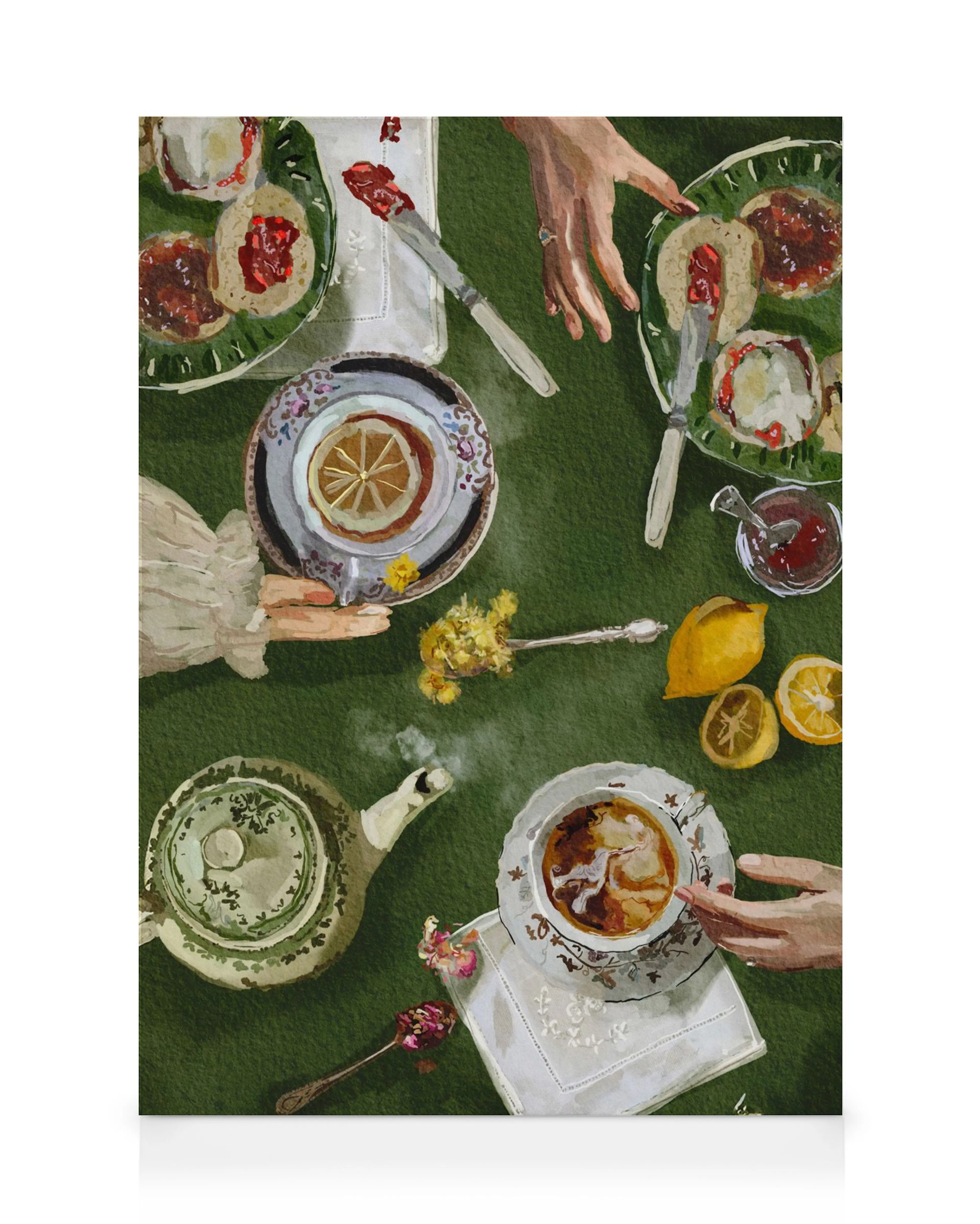 Lienzo de una merienda con té caliente, scones con mermelada y limón, vista desde arriba sobre un mantel verde.