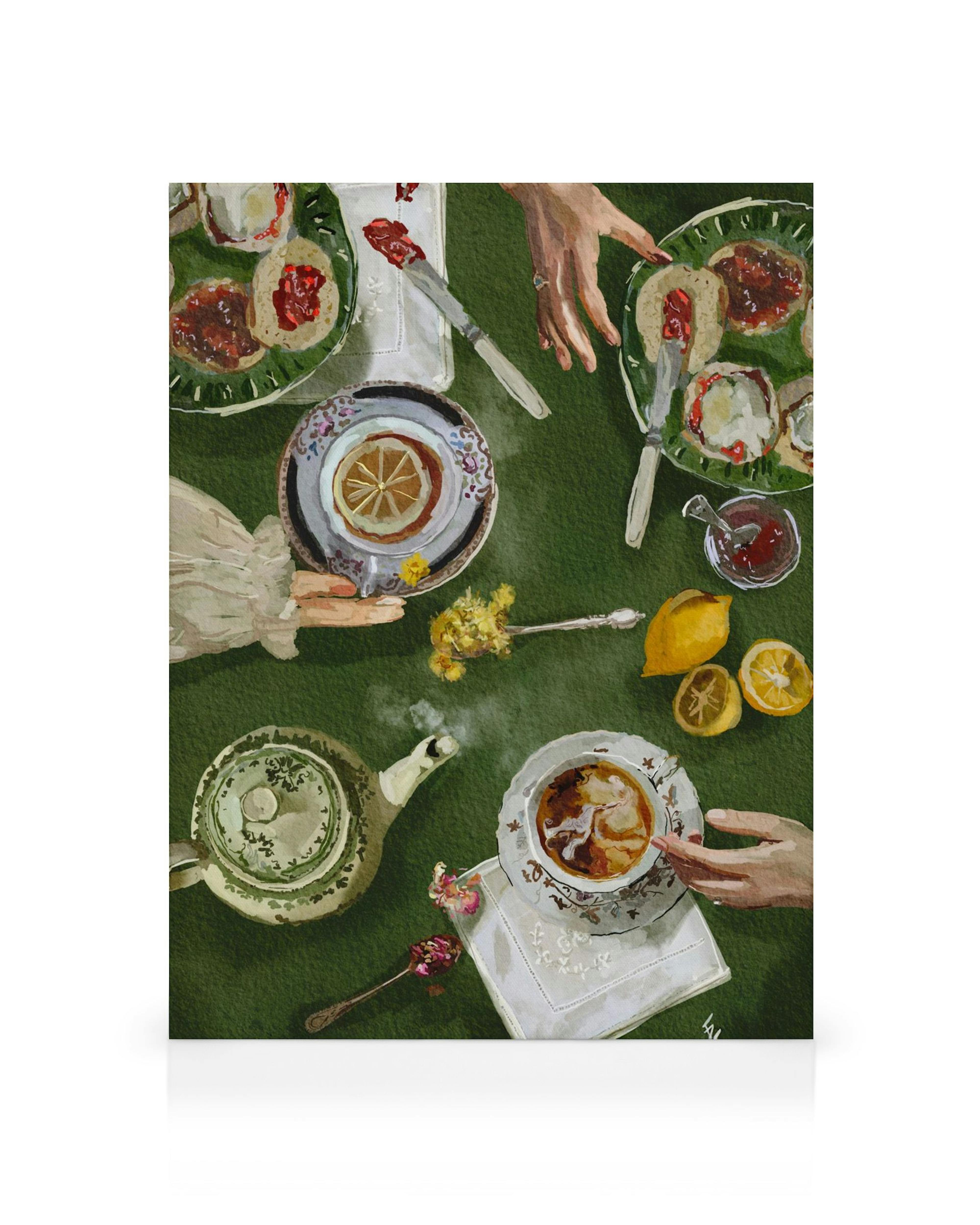 Lienzo de una vista aérea de una mesa de té con manos, scones, limones y una tetera humeante.