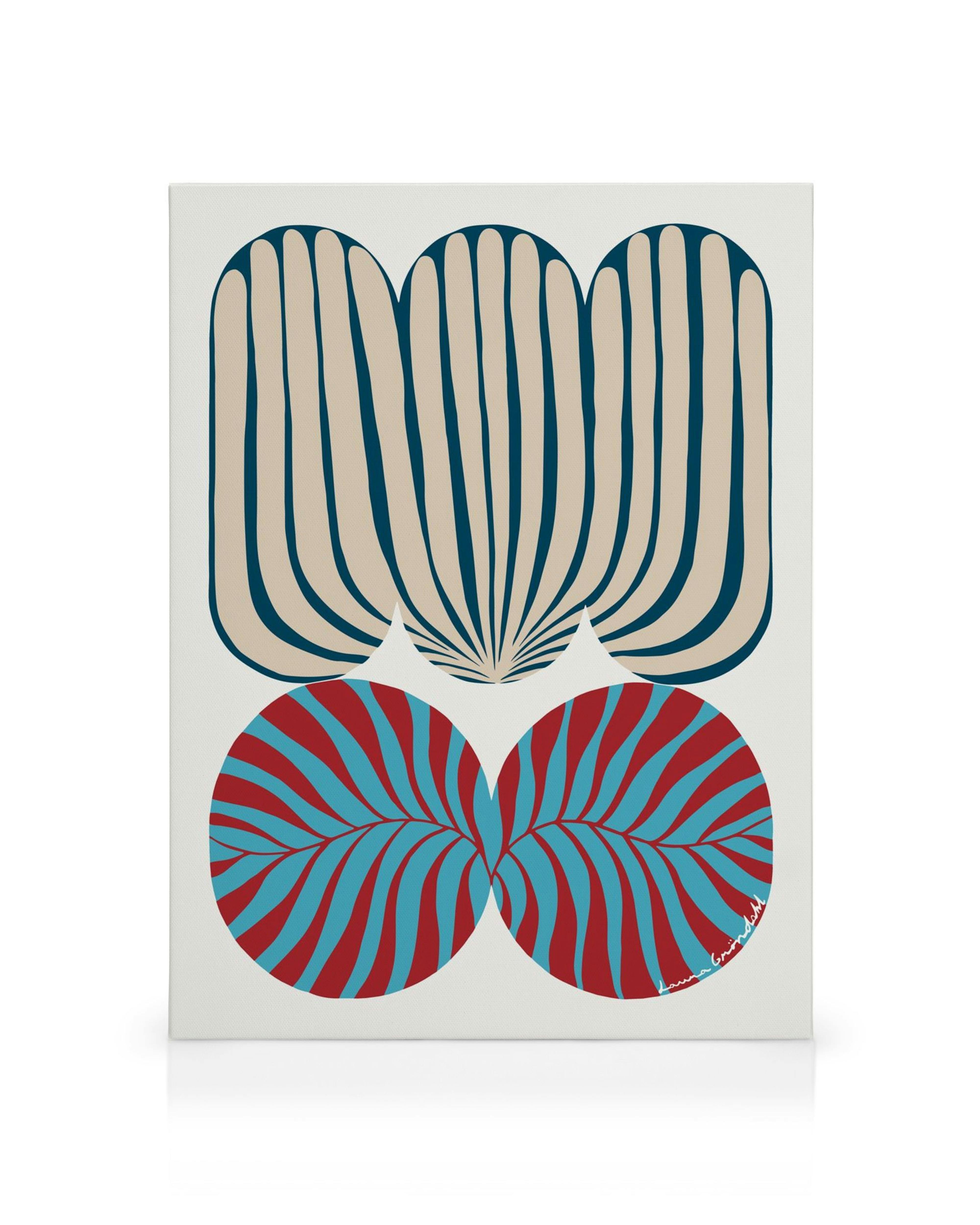 Abstract art with beige and dark blue vertical shell shapes above red and blue circles with butterfly-like patterns.