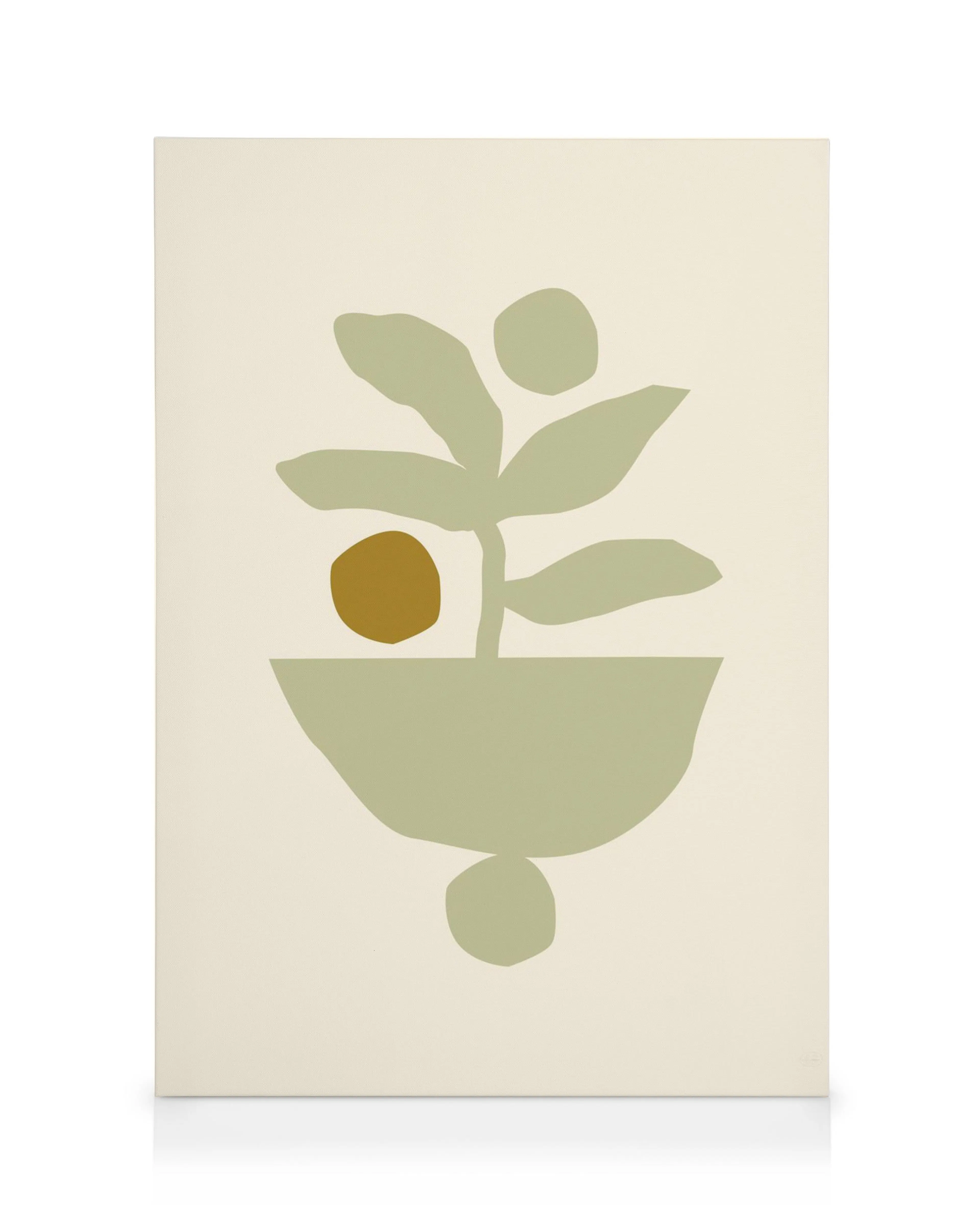 Toile botanique minimaliste, plante verte stylisée en pot sur fond beige, avec formes abstraites.