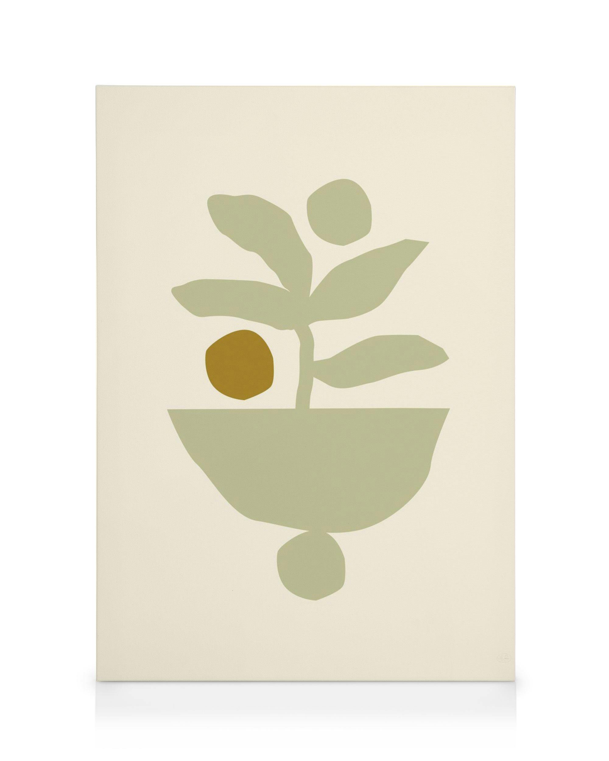 Botanische canvas met abstracte groene plant in pot op beige achtergrond. Kunst met platte bladeren en organische vormen.