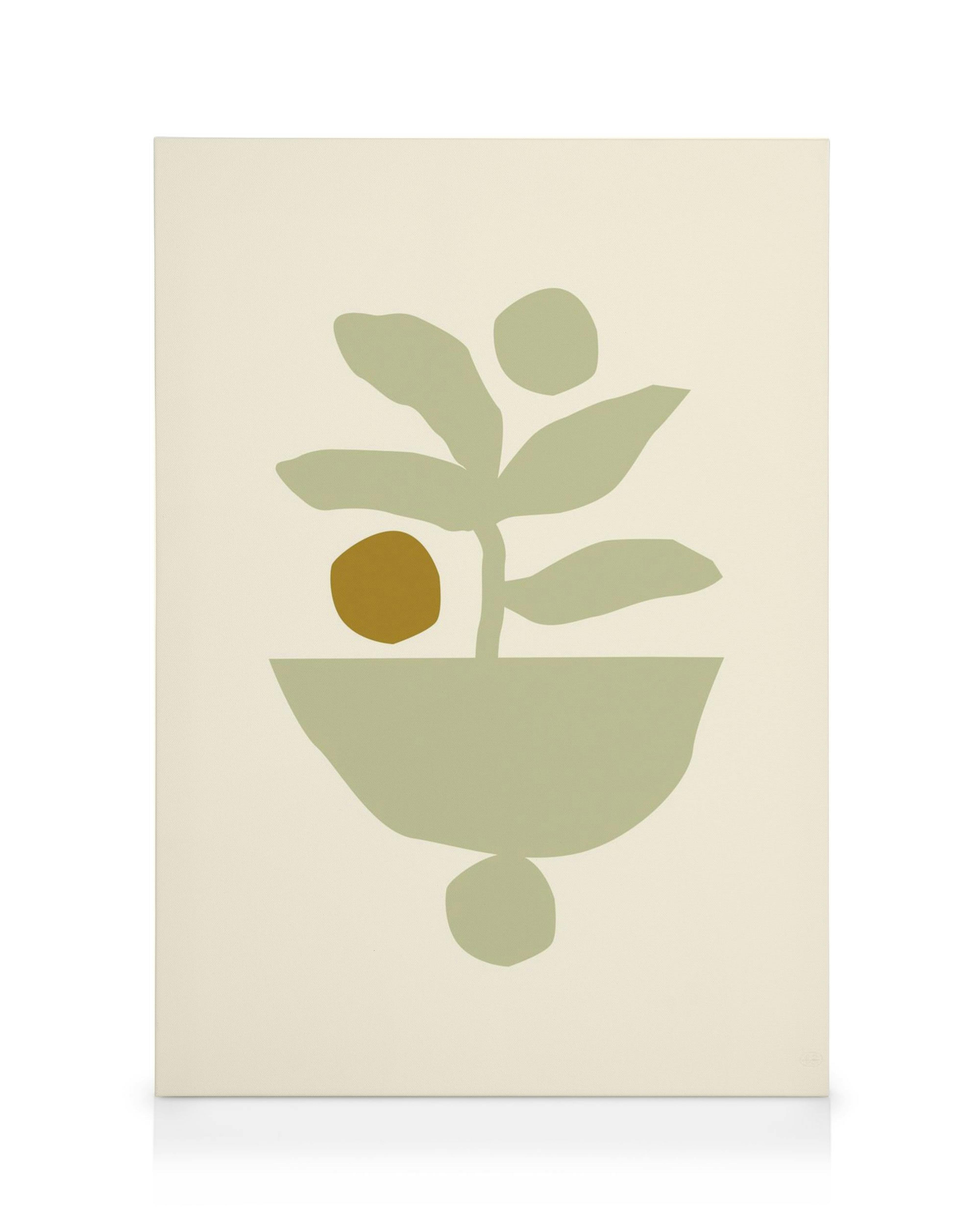 Botanische canvas met abstracte groene plant in pot op beige achtergrond. Kunst met platte bladeren en organische vormen.