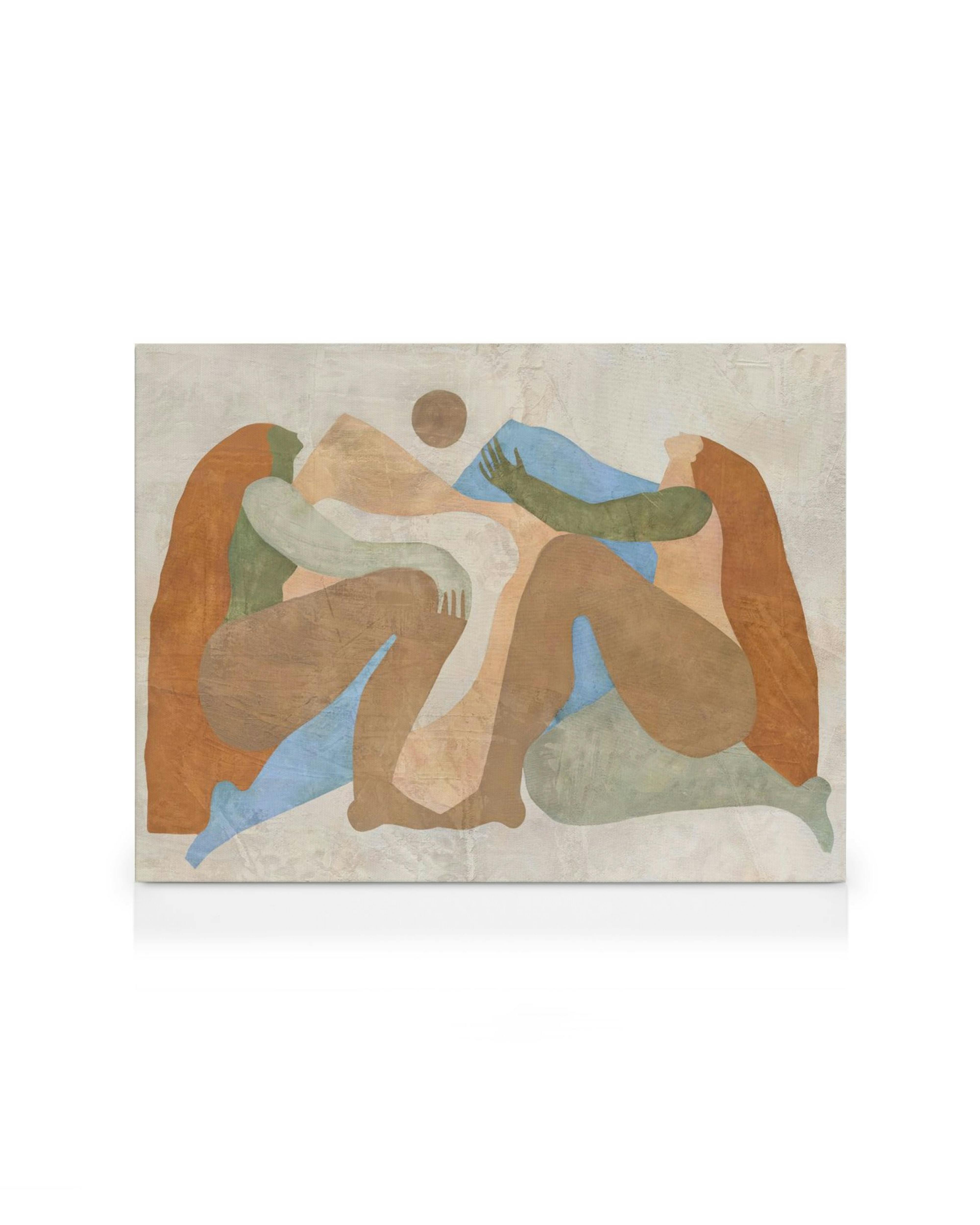 Toile abstraite femmes, formes géométriques, tons terreux et bleus, effet texturé, art mural