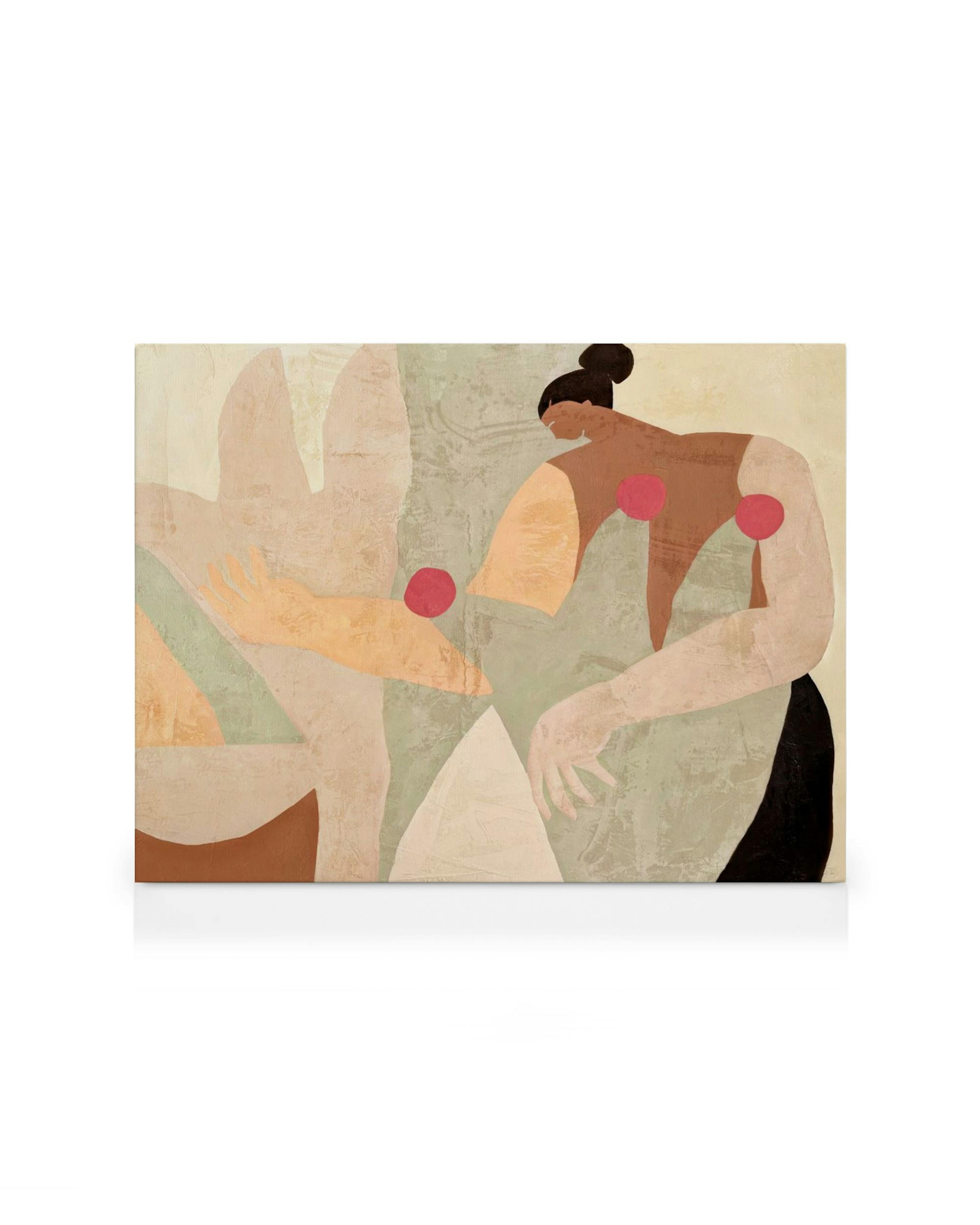 Abstract canvas print of two women in muted tones, one with hands outstretched, and red circles.