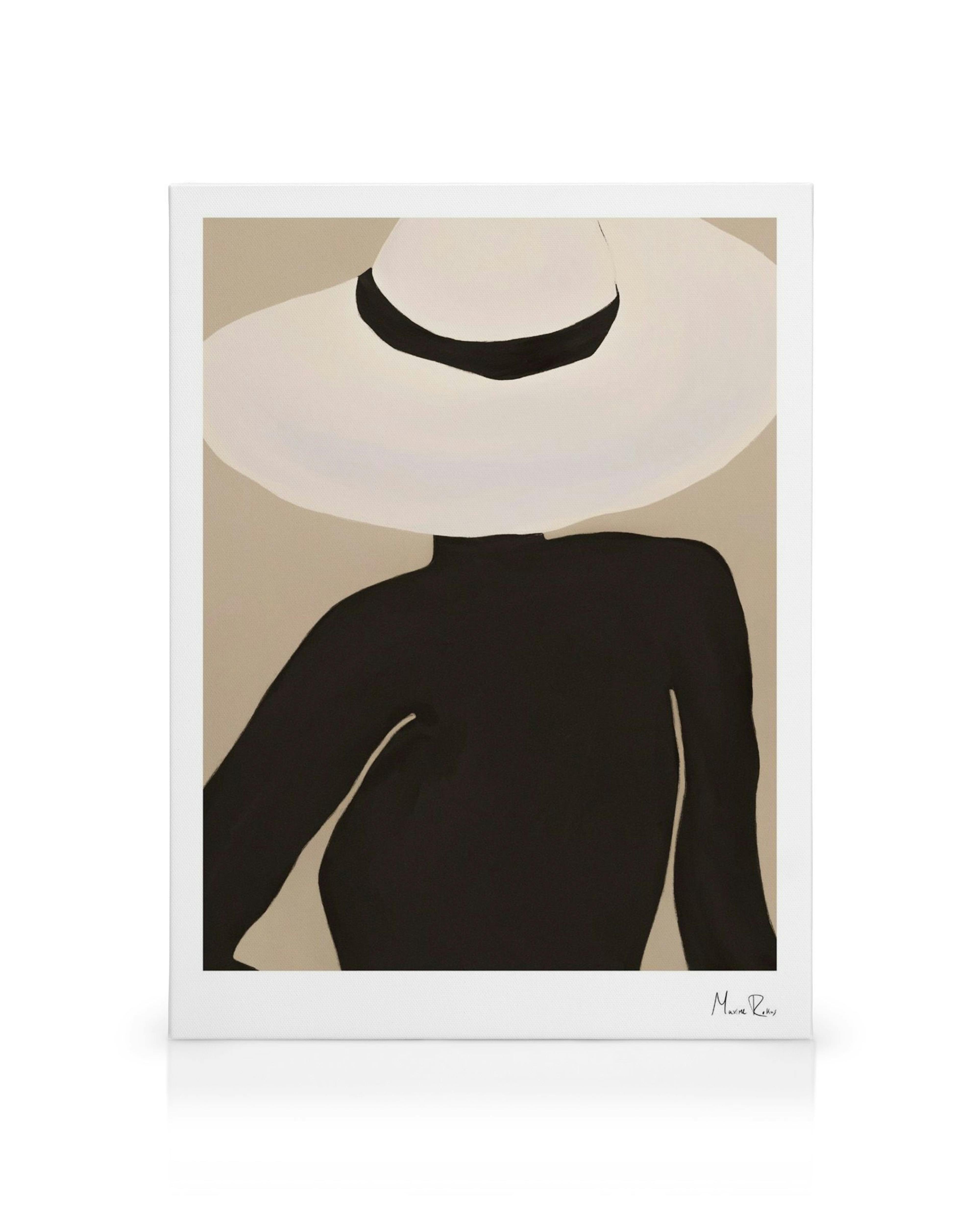 Oljemålning av kvinna i svart hatt mot brun bakgrund, elegant väggkonst.