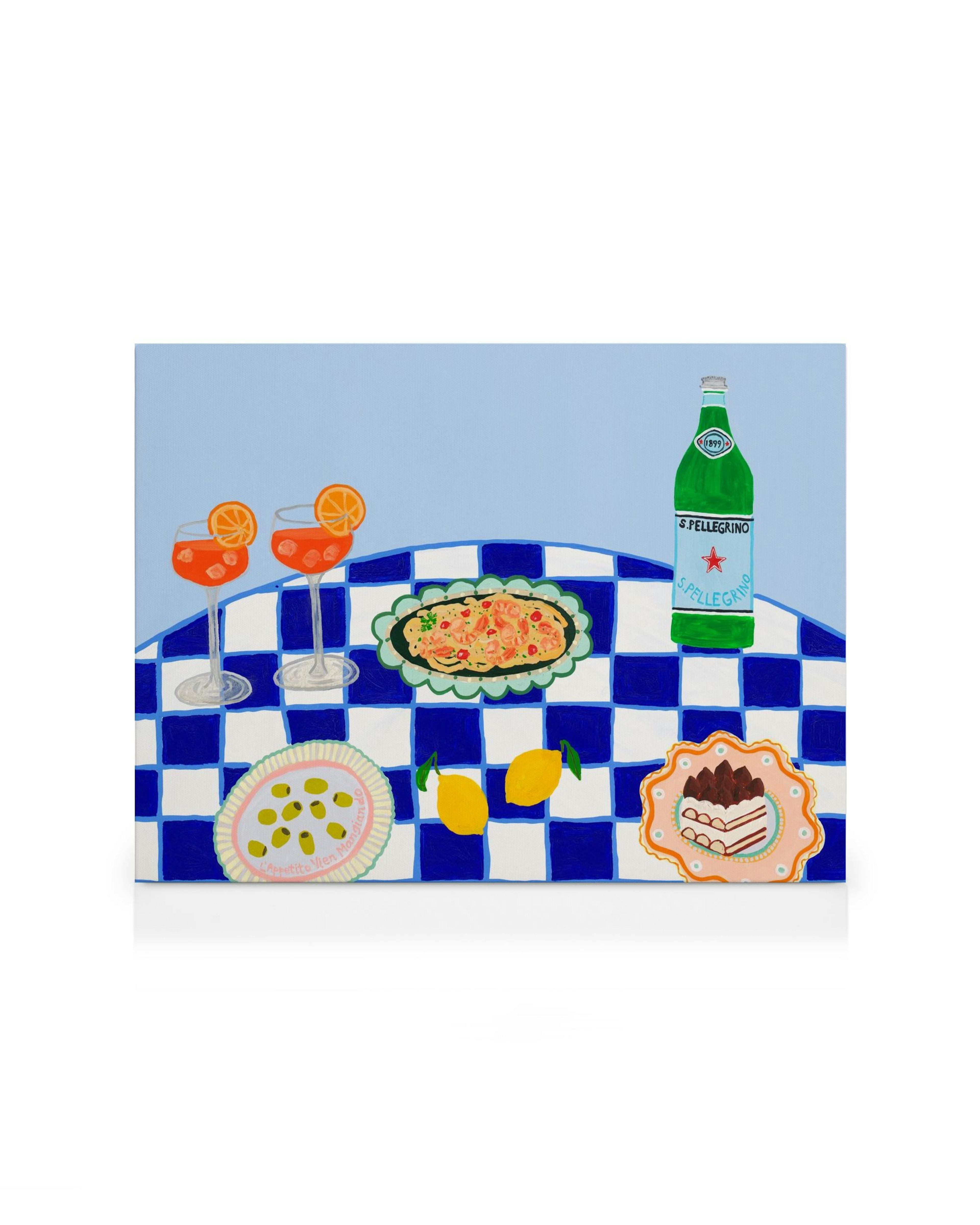 Italian Summer canvas print with party table, blue and white checkered tablecloth, drinks, pizza, olives, and lemons.