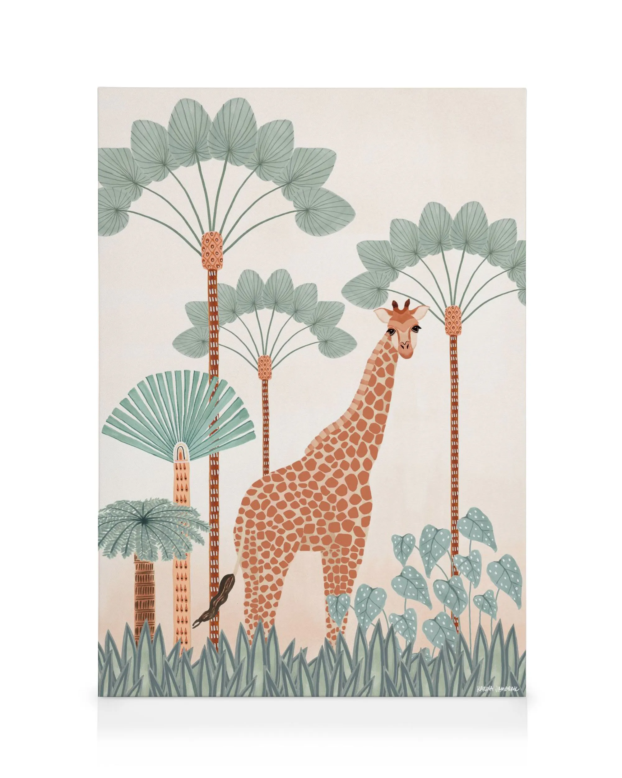 Karina Jambrak Gala giraffe canvas print with palm trees and a bird in a jungle scene.