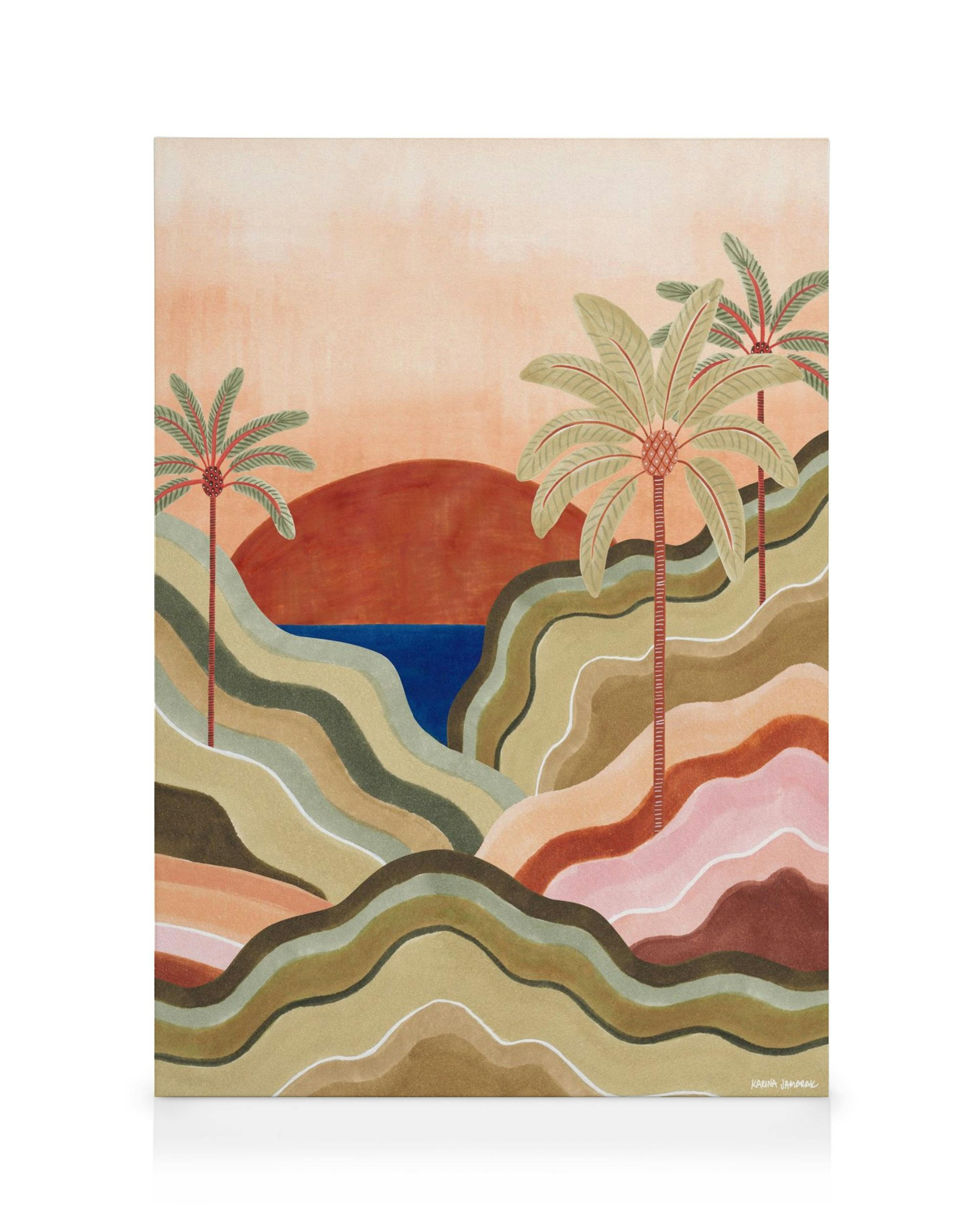 Toile abstraite dun paysage stylisé avec des collines ondulantes, une eau bleue et un ciel orange, aube tableaux modernes