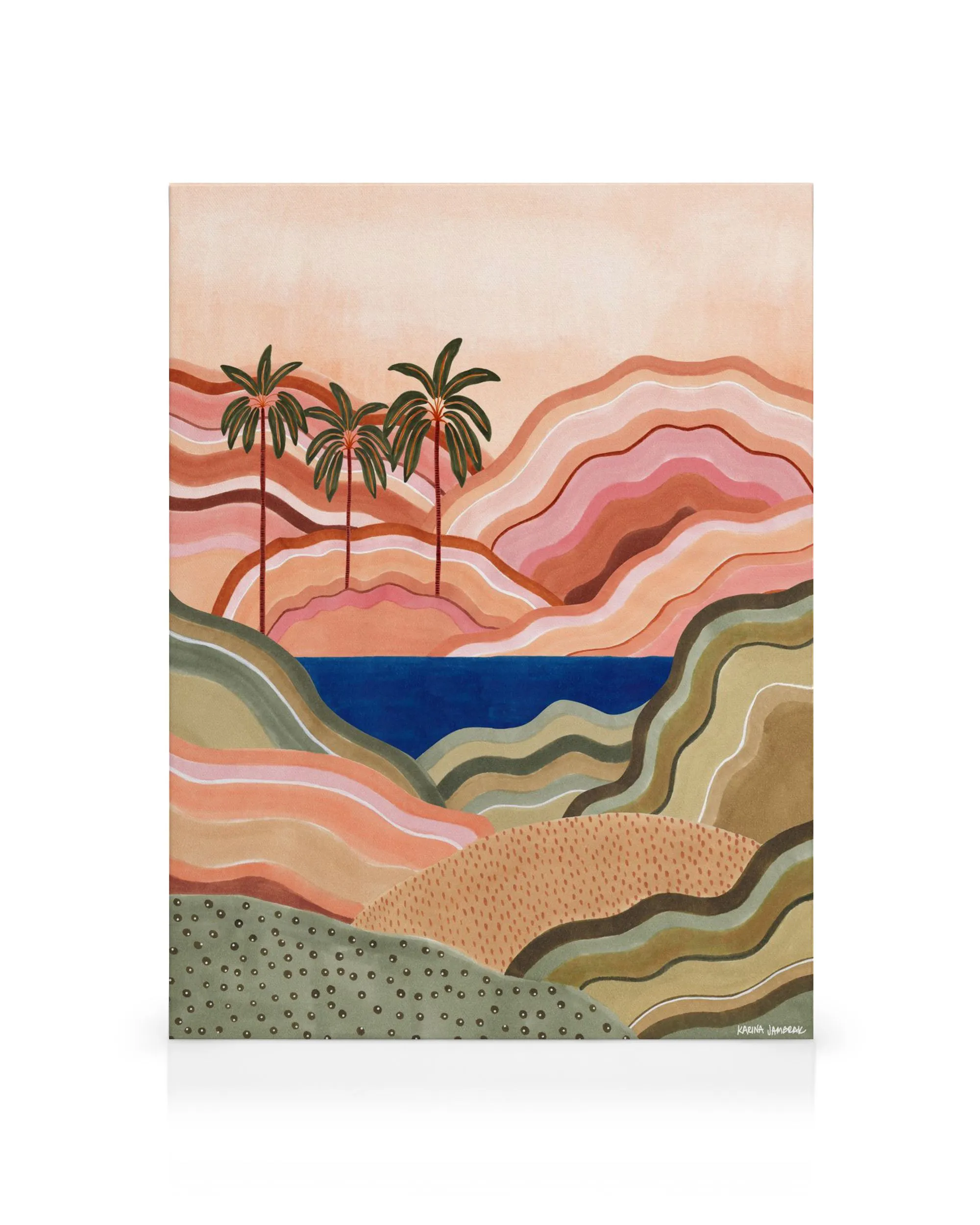 Karina Jambrak canvas print of pink, brown, green hills, blue water, and palm trees with a light pink sky.