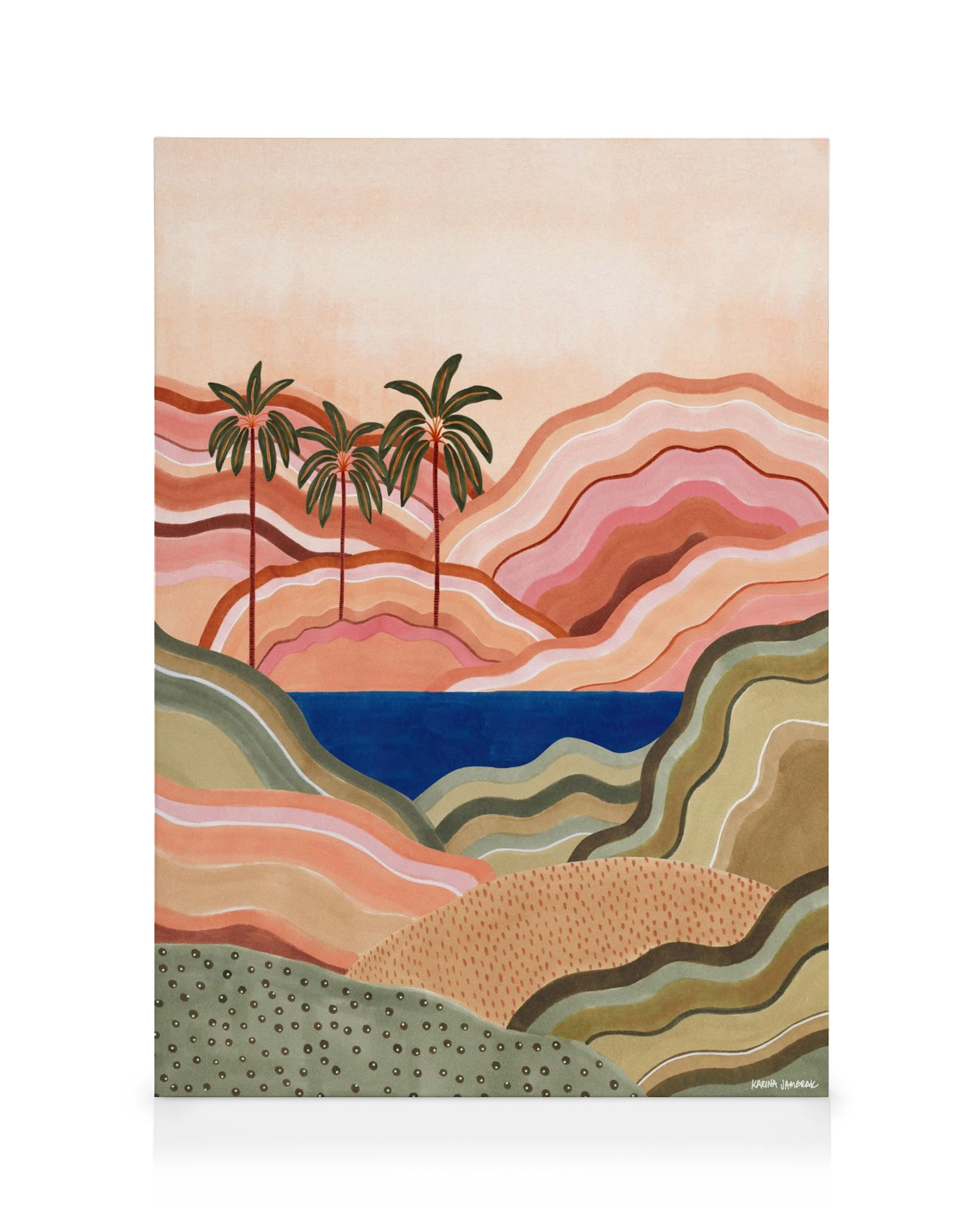 Colorful landscape canvas print with pink, brown, green hills, blue lake, palm trees, and pink sky.