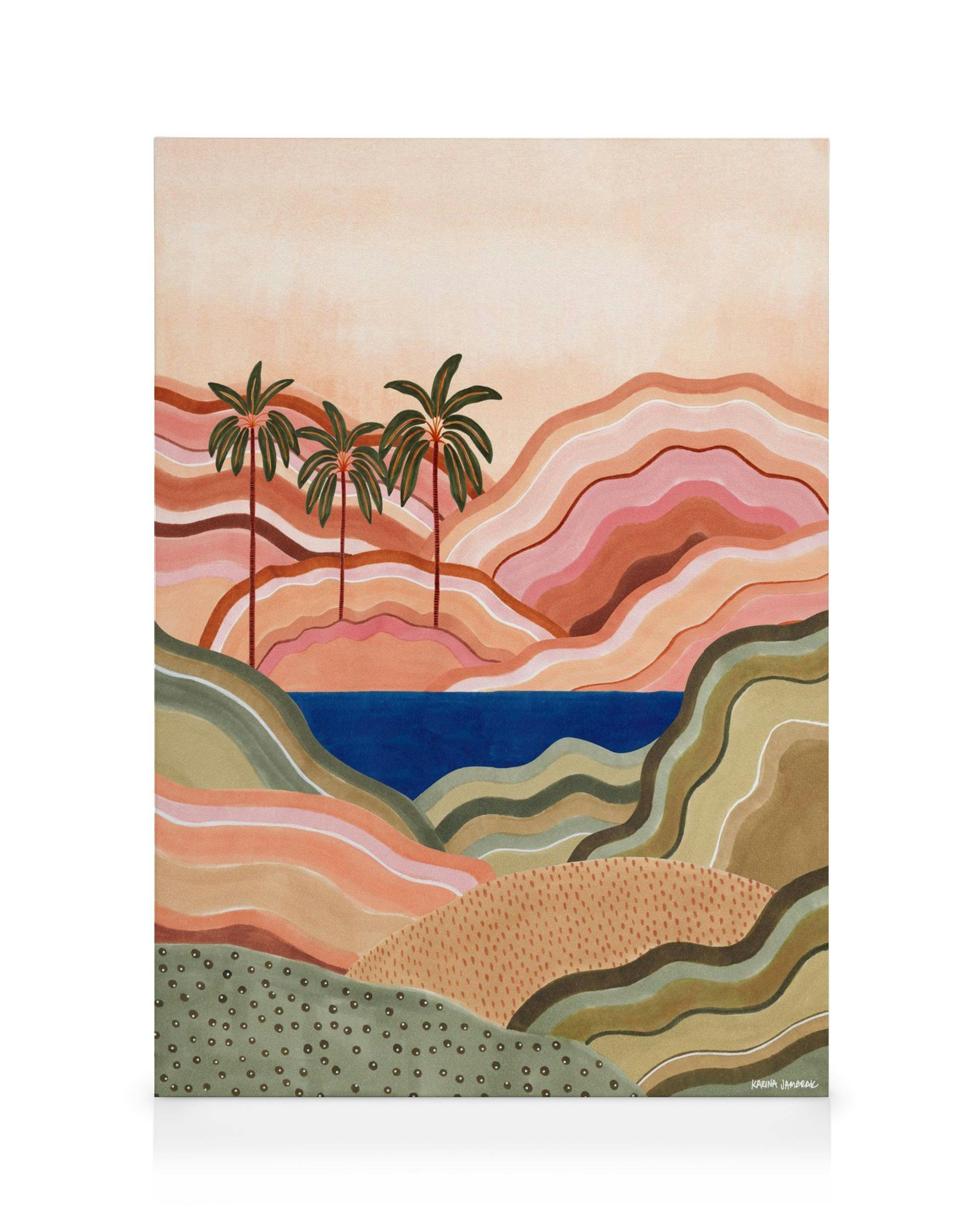 Karina Jambrak canvas print featuring an abstract landscape with palm trees and a blue lake.