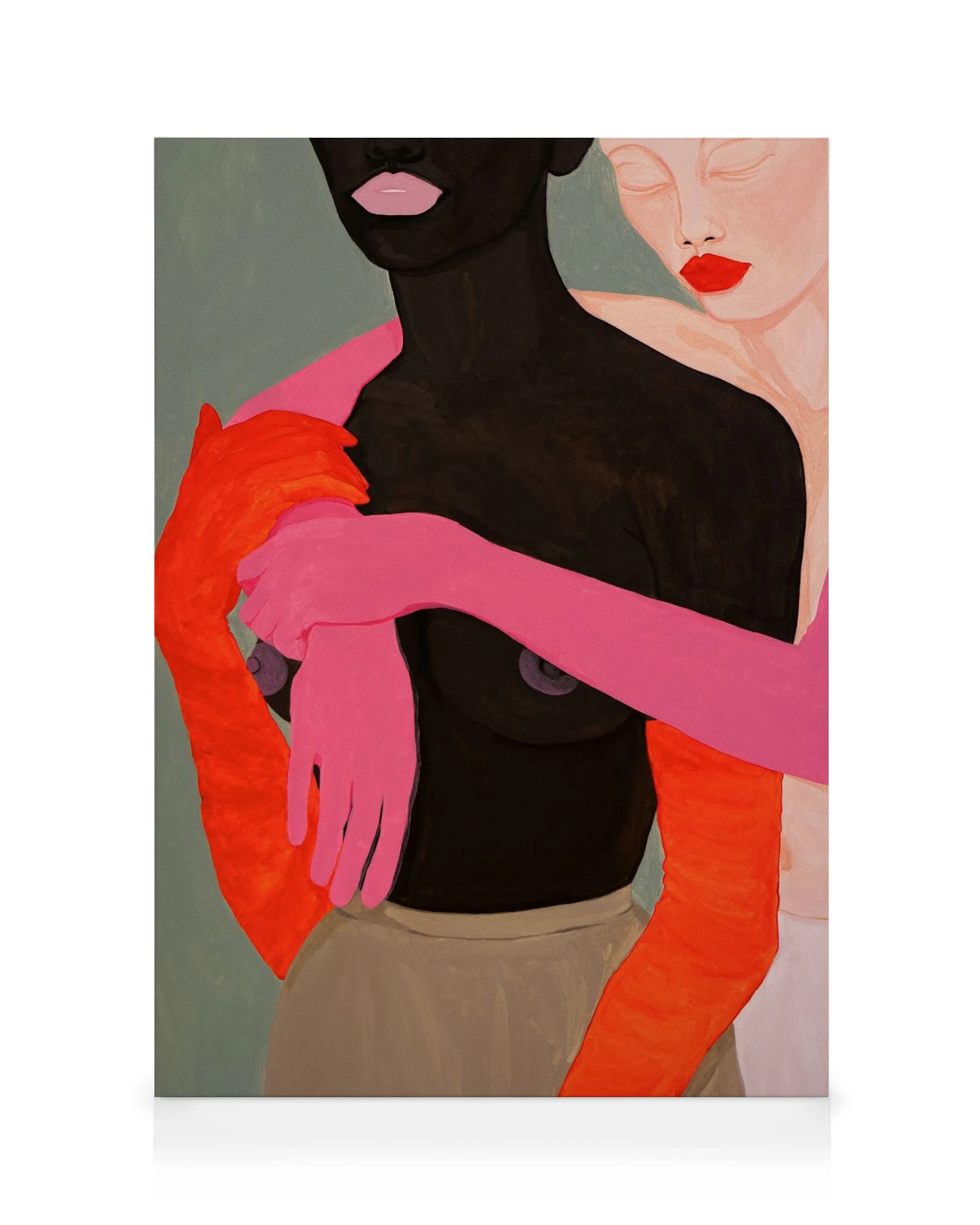 Obraz na płótnie: dwie obejmujące się postacie, czarna w różowym stroju, biała z czerwonymi ustami, na zielonkawym tle.