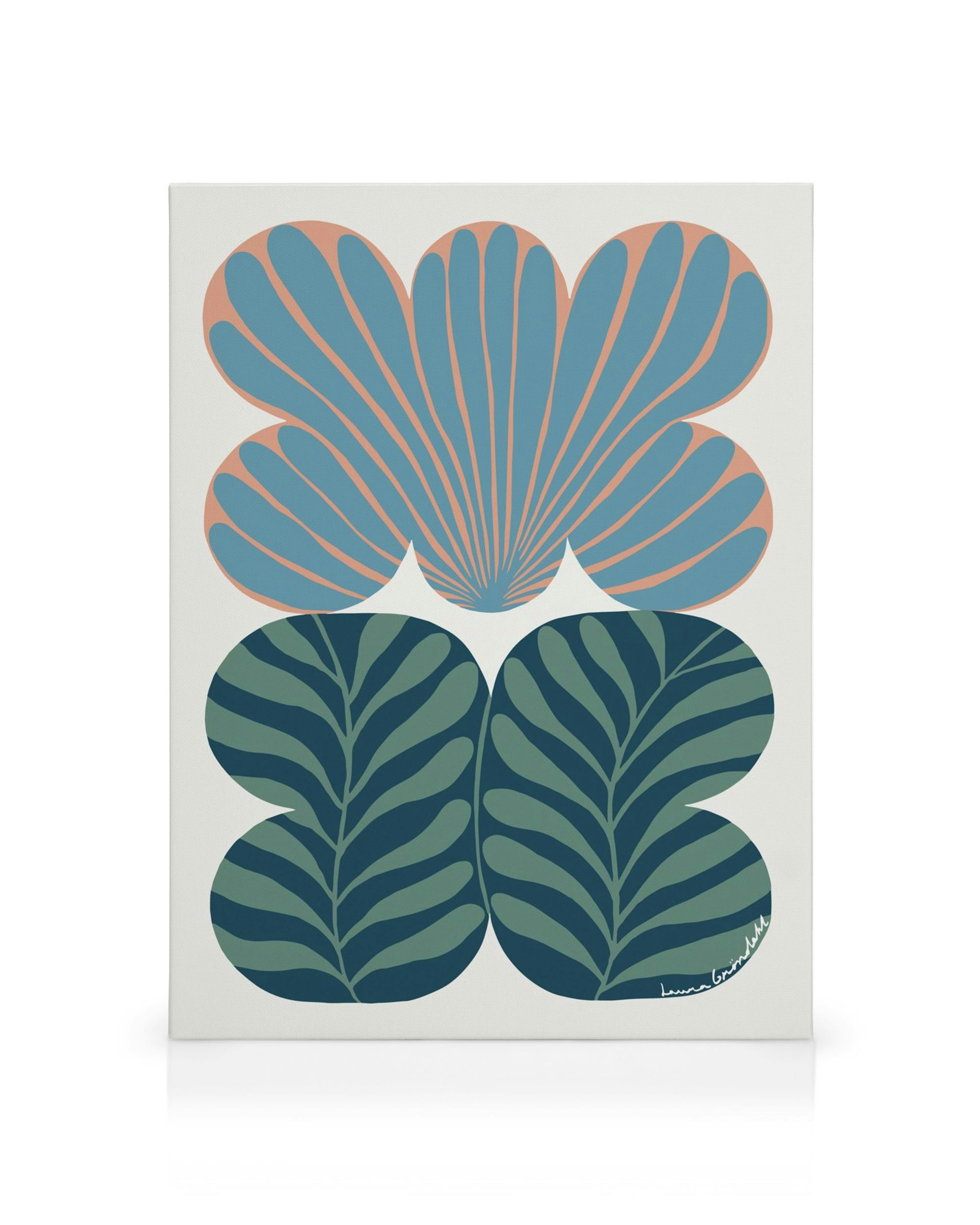 Stylized canvas print with three unique leaves in vibrant blue, green, and peach colors, perfect wall art.