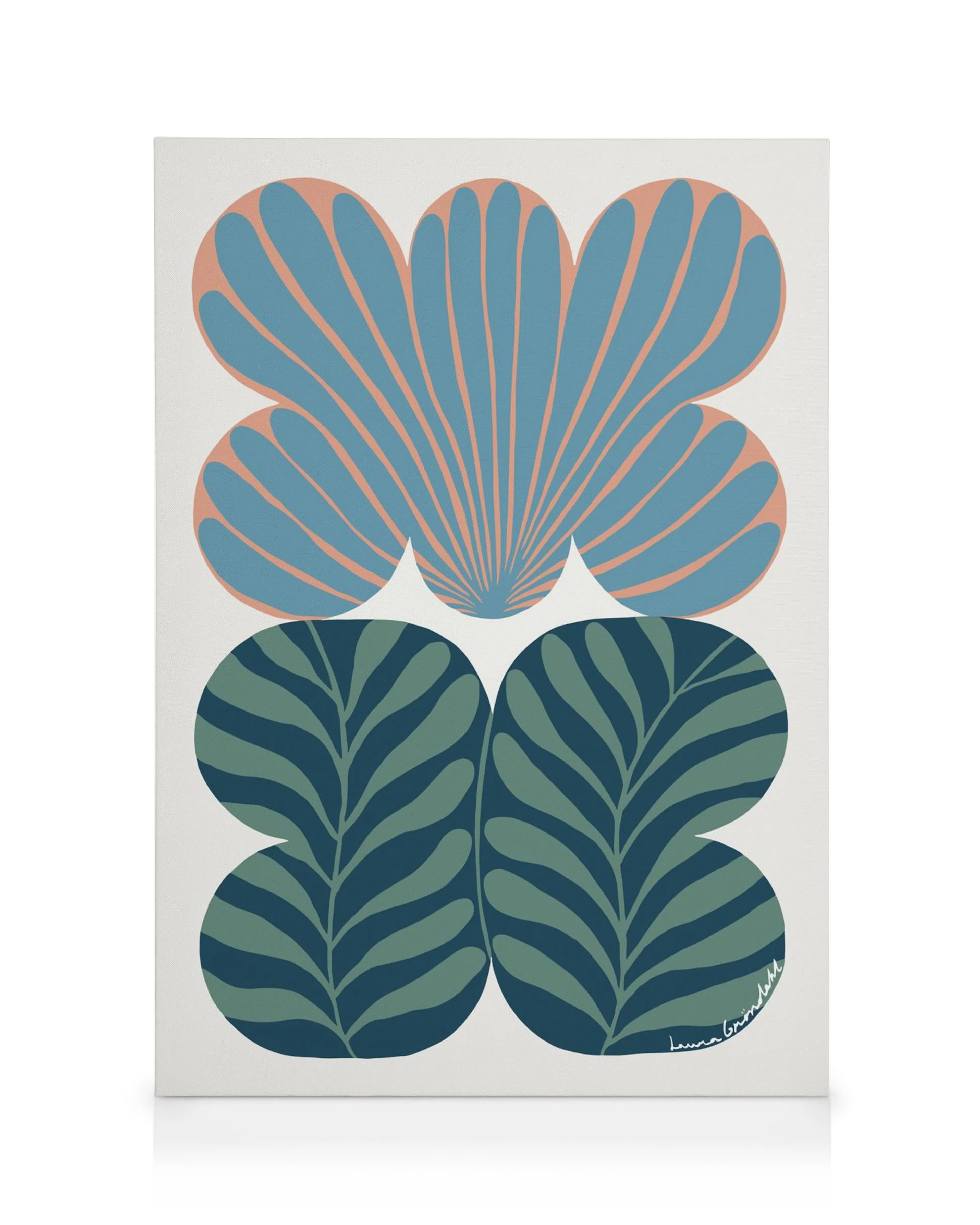 Stylized leaves canvas print. A pink and blue leaf with curved lines, and two green leaves with branching lines.