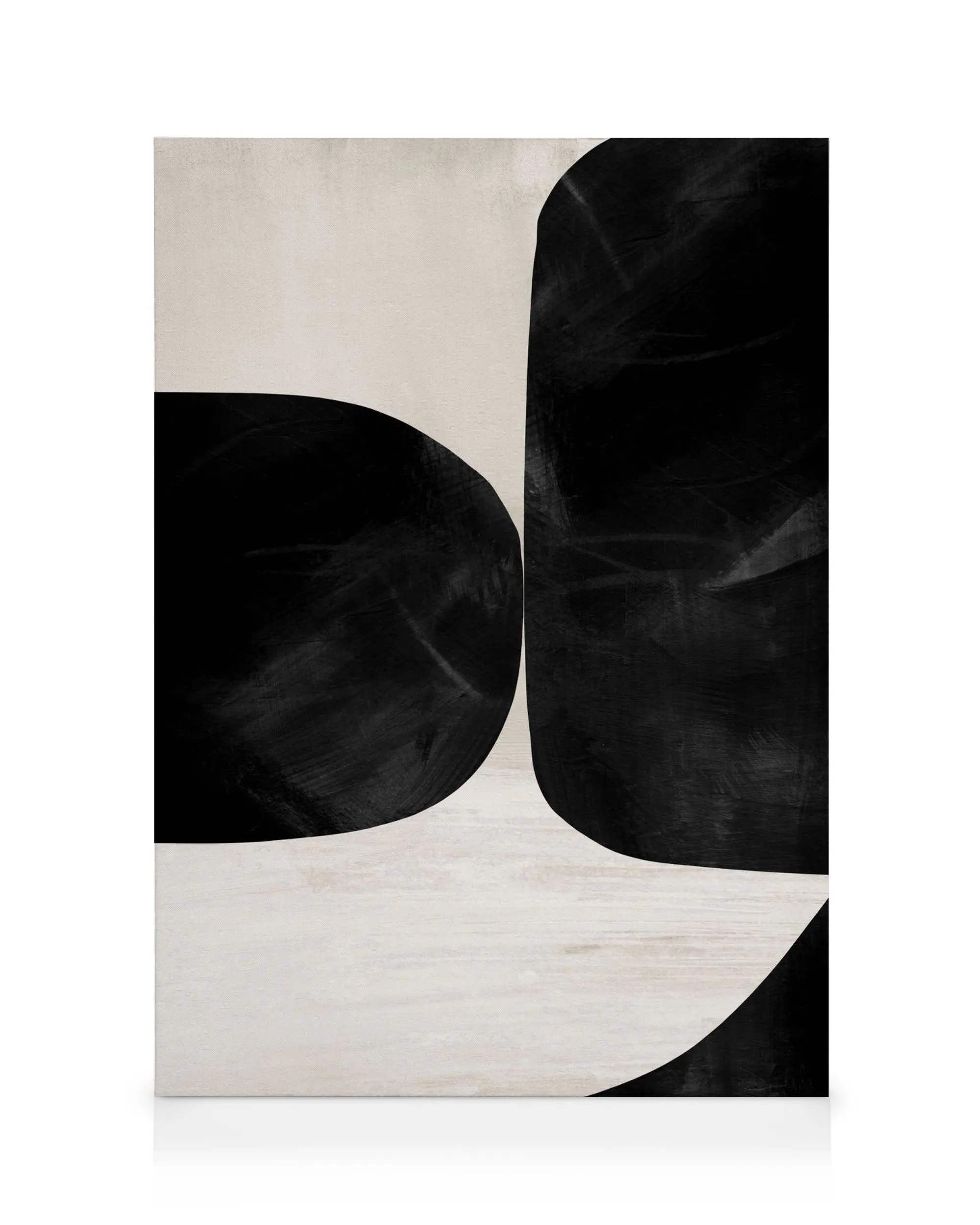 Stampa su tela astratta con semicerchi neri, forma curva bianca e sfondo beige. Pennellate visibili per texture.