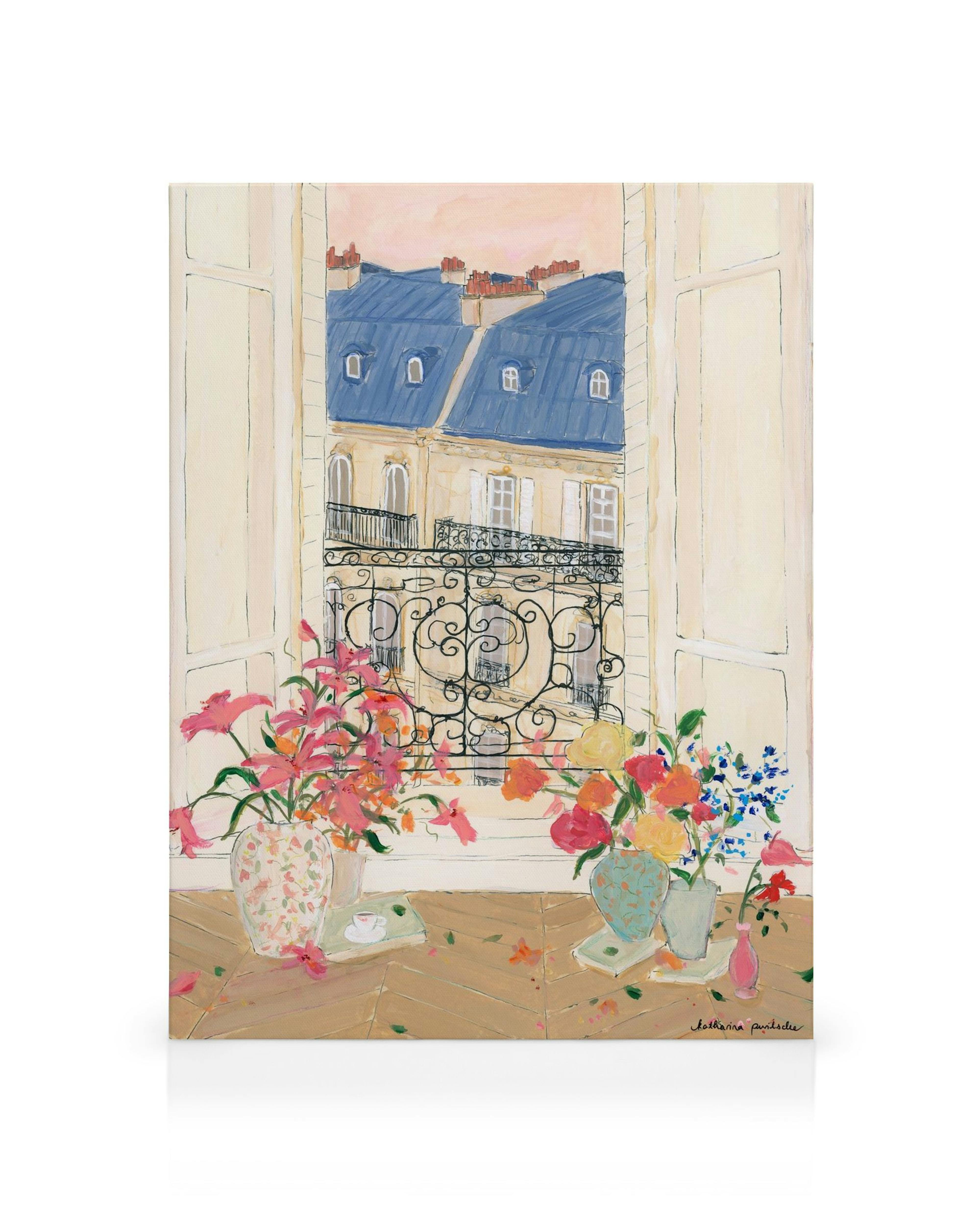 Lienzo de Katharina Puritscher: Ventana con vista a casas de techos azules, balcón con reja y flores vibrantes en jarrones.