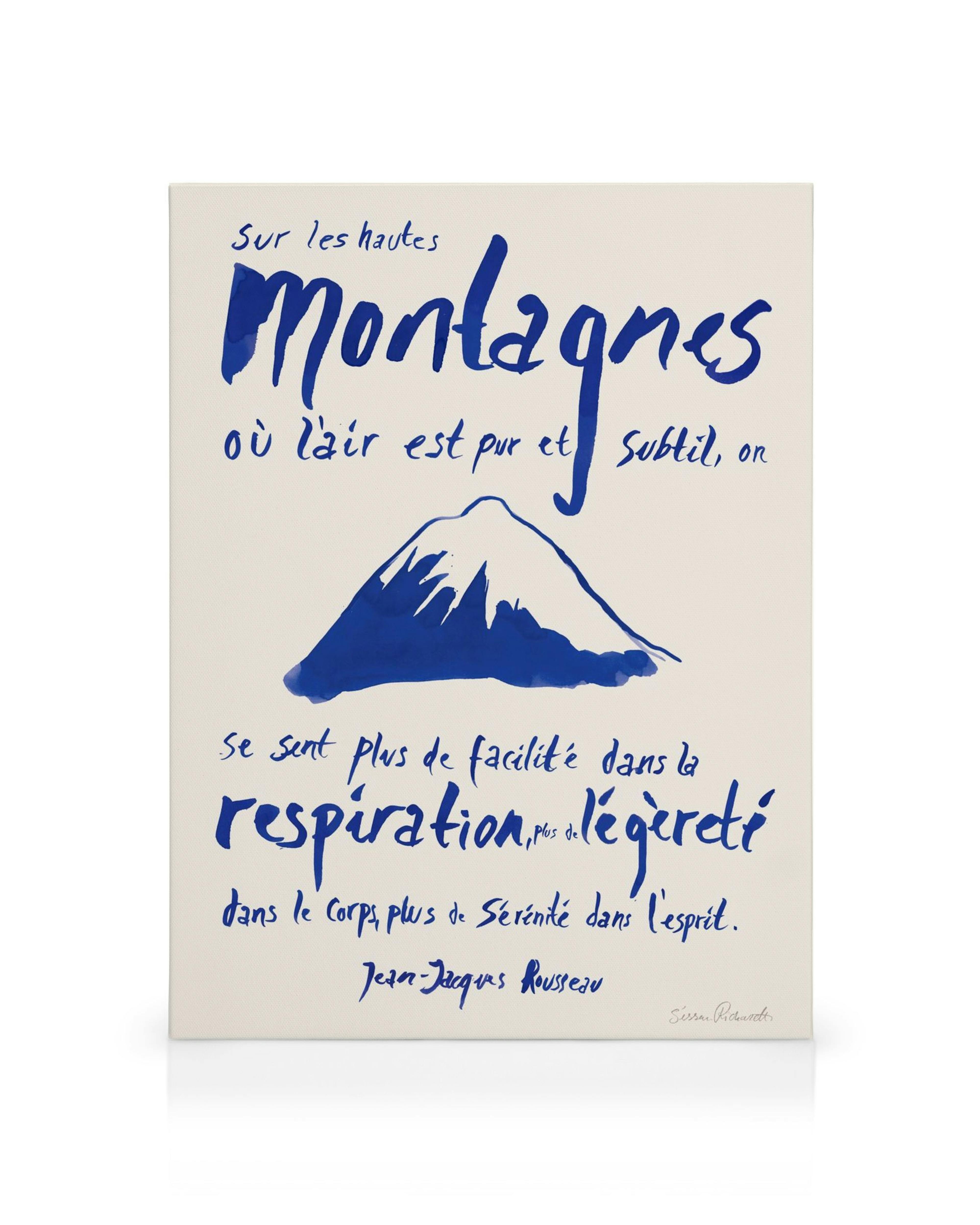 Sissan Richardt canvas print with blue French text and a mountain outline, Les Montagnes art.
