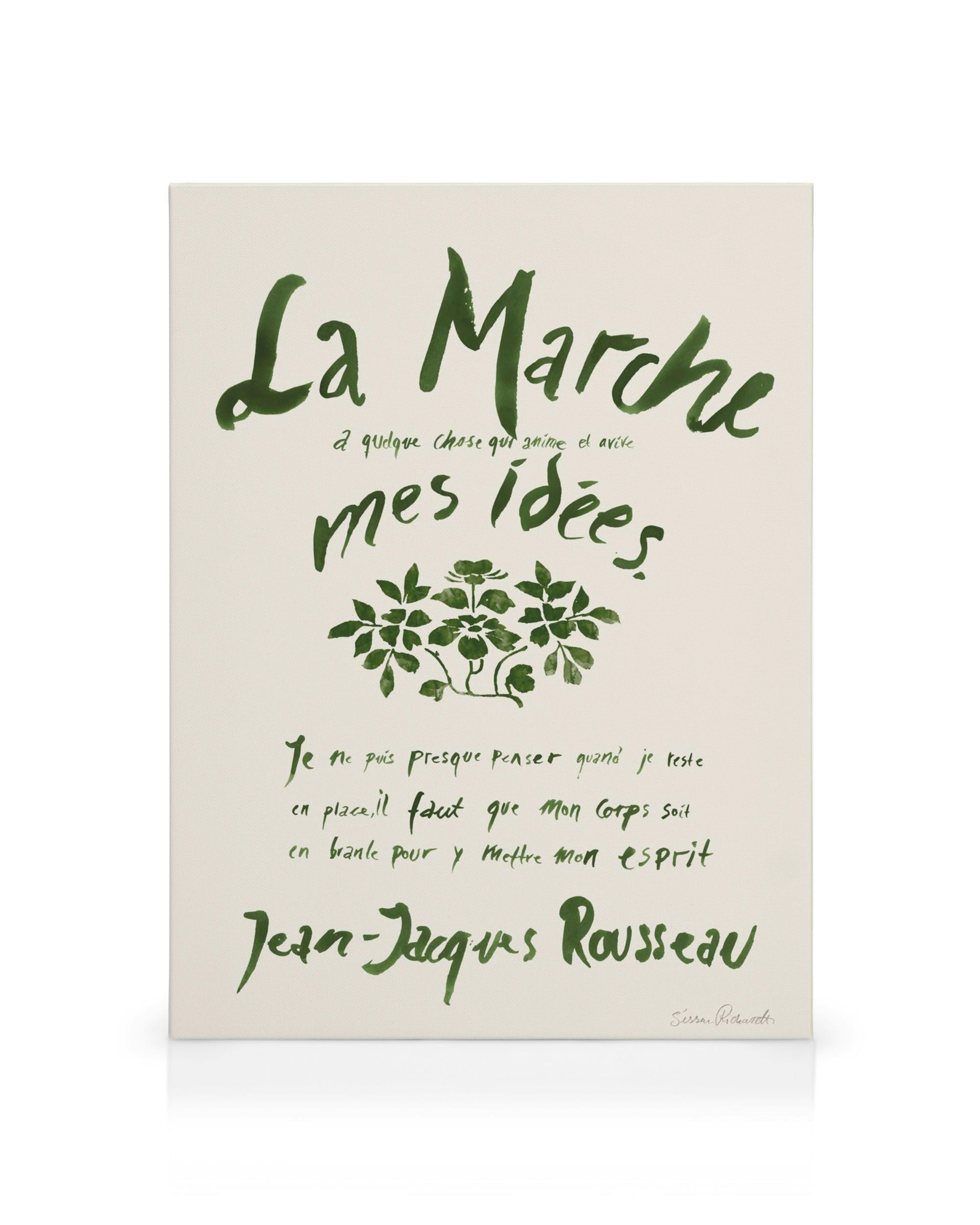 Sissan Richardt lærred med grøn fransk tekst La Marche og mes idées med botanisk motiv og Rousseau citat.
