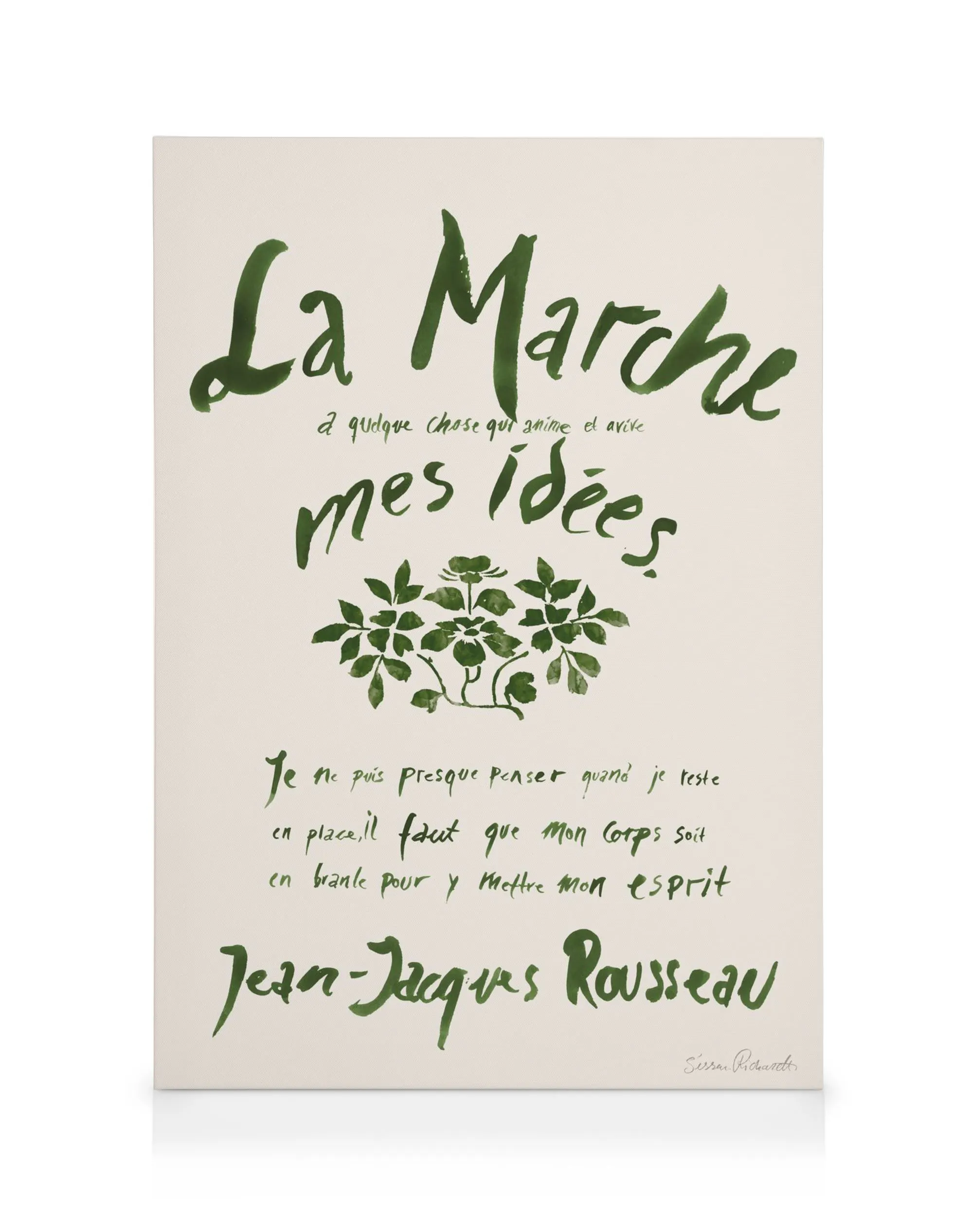 Canvas met groene Franse tekst, La Marche en mes idees, en een illustratie van een boom op witte achtergrond.
