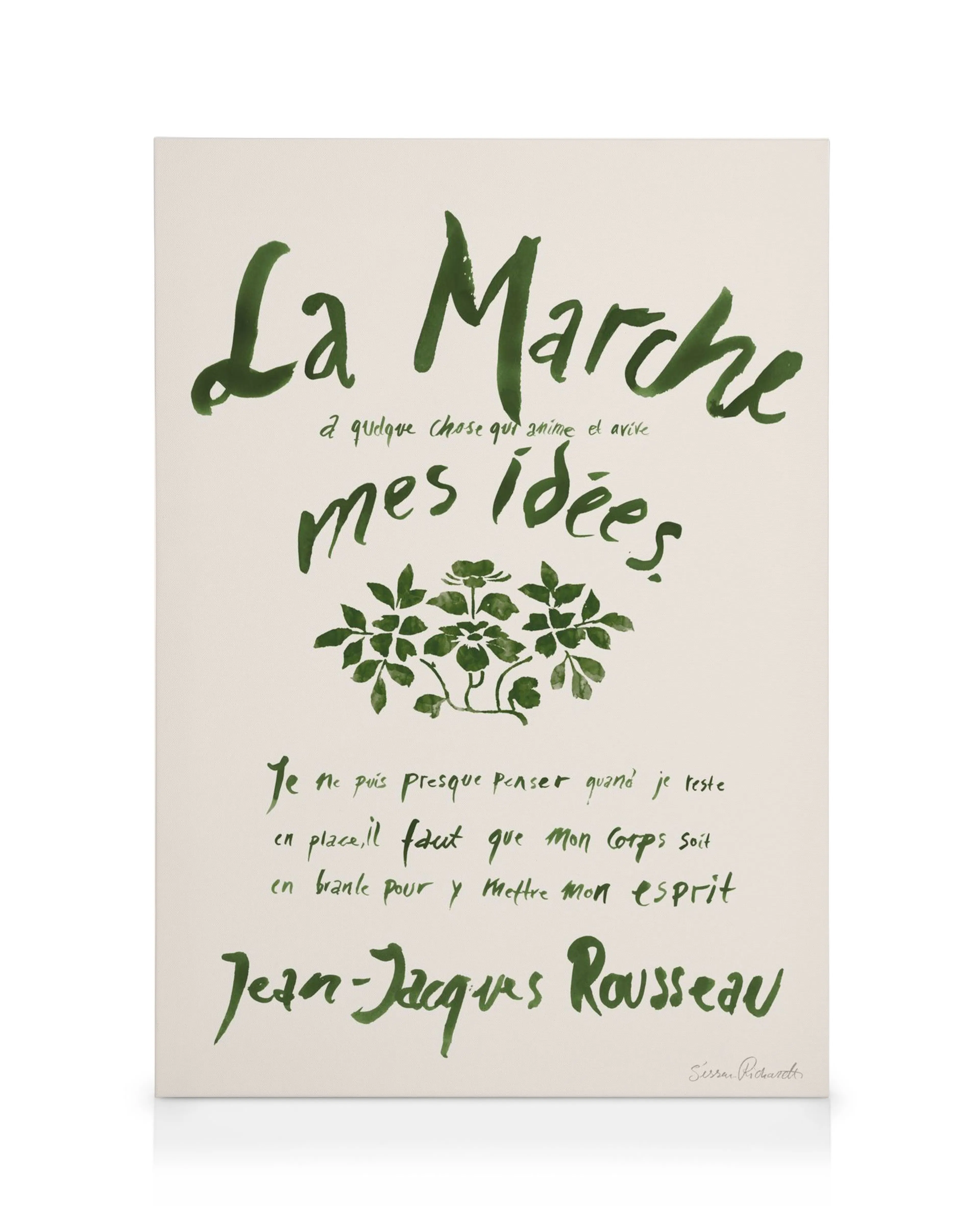 Canvas met groene Franse tekst, La Marche en mes idees, en een illustratie van een boom op witte achtergrond.