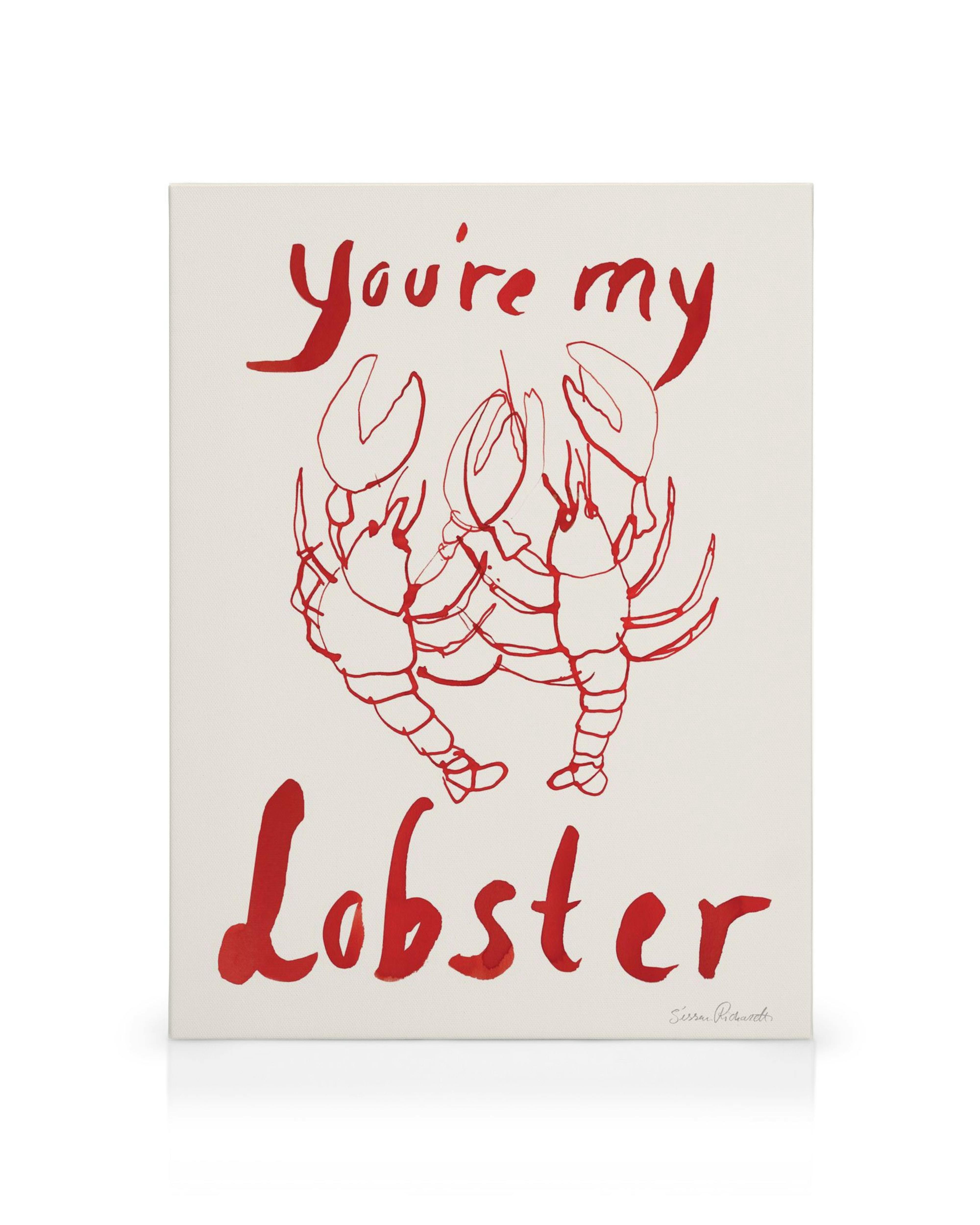 Lærred med røde hummere og teksten Youre My Lobster i rød maling på hvid baggrund