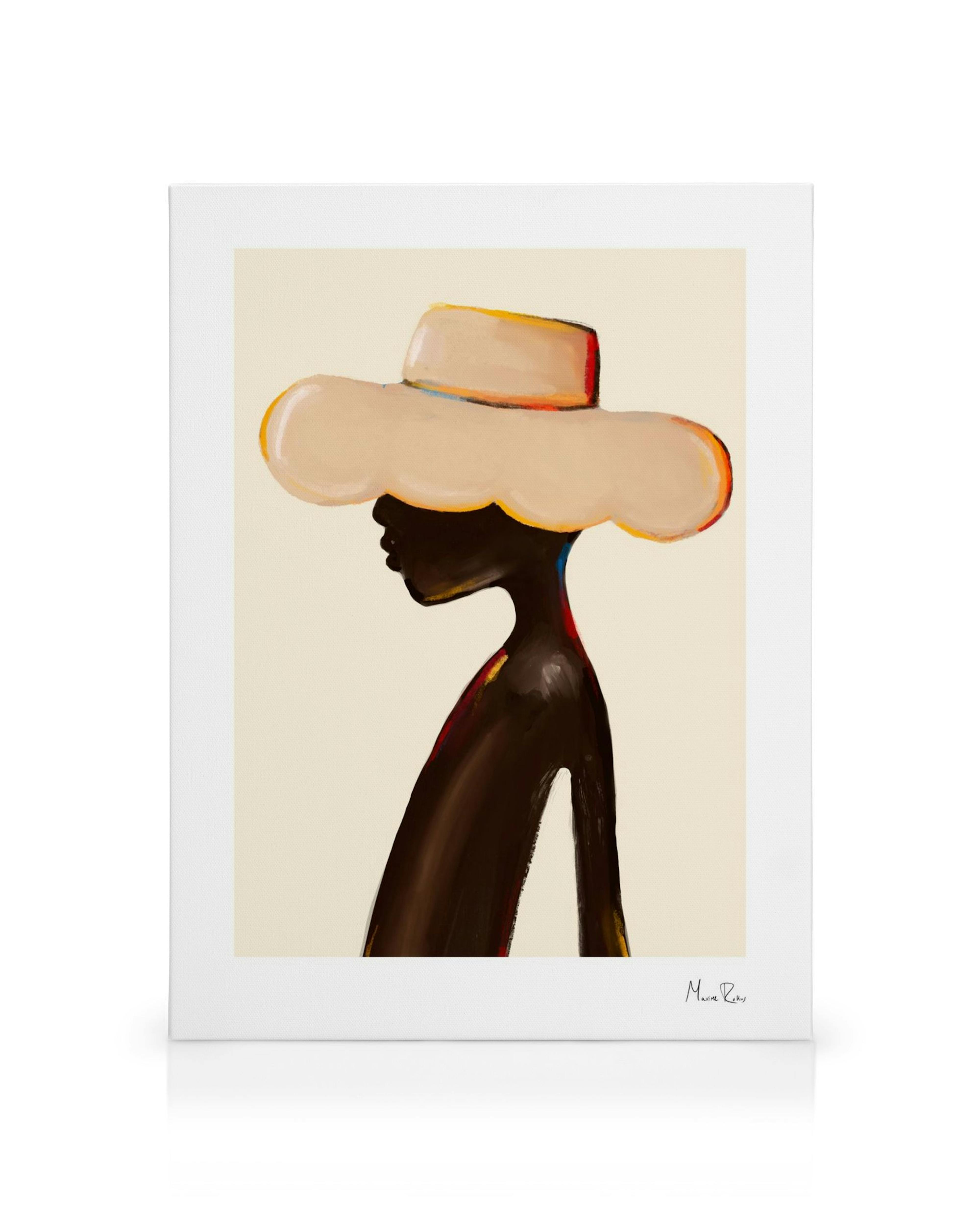 Lienzo abstracto de Maxime Rokus, retrato de una persona de piel oscura con sombrero beige, pinceladas amplias y vibrantes.