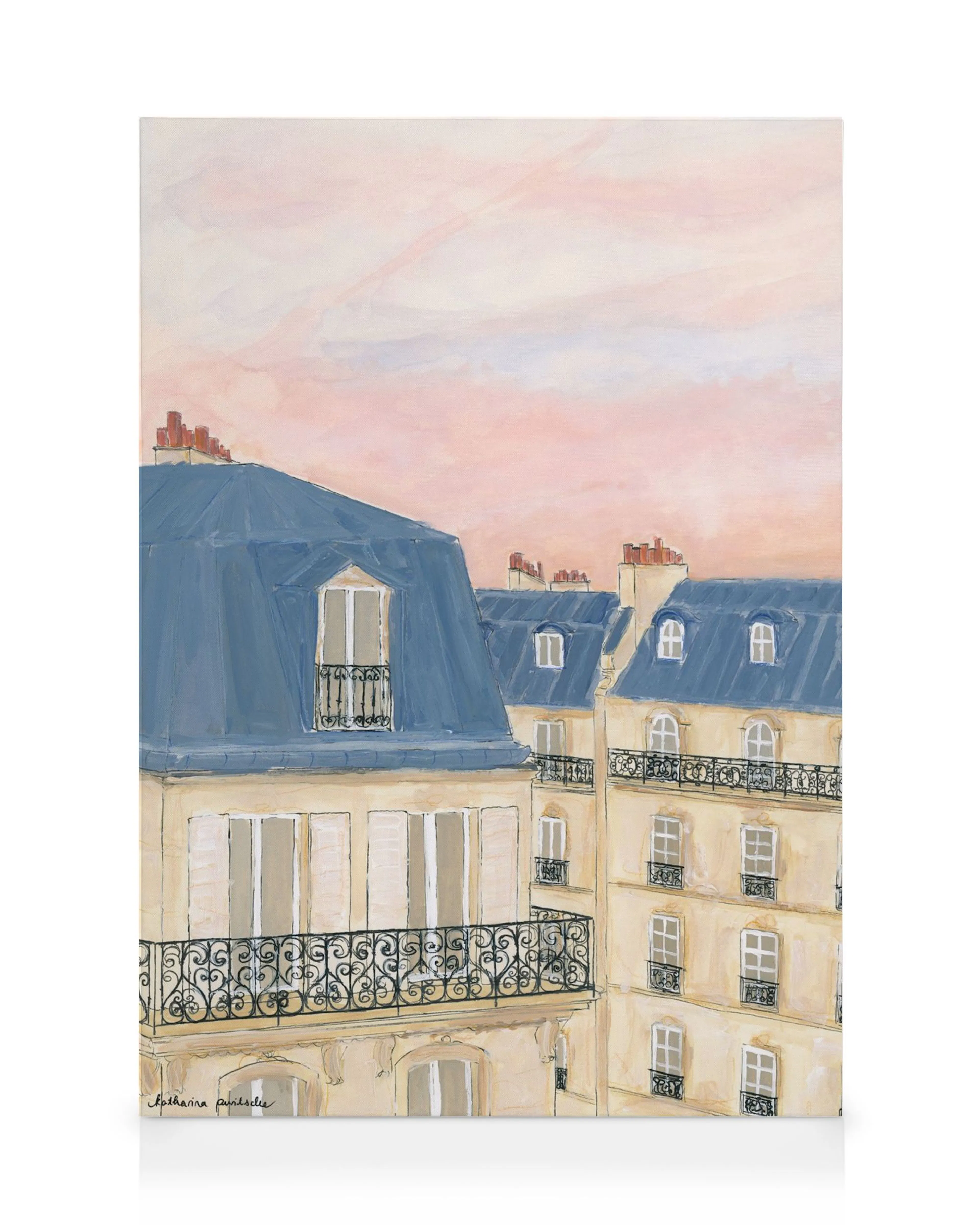 Leinwanddruck Pariser Gebäude mit blauen Dächern und rosa-blauem Himmel, Aquarellstil.