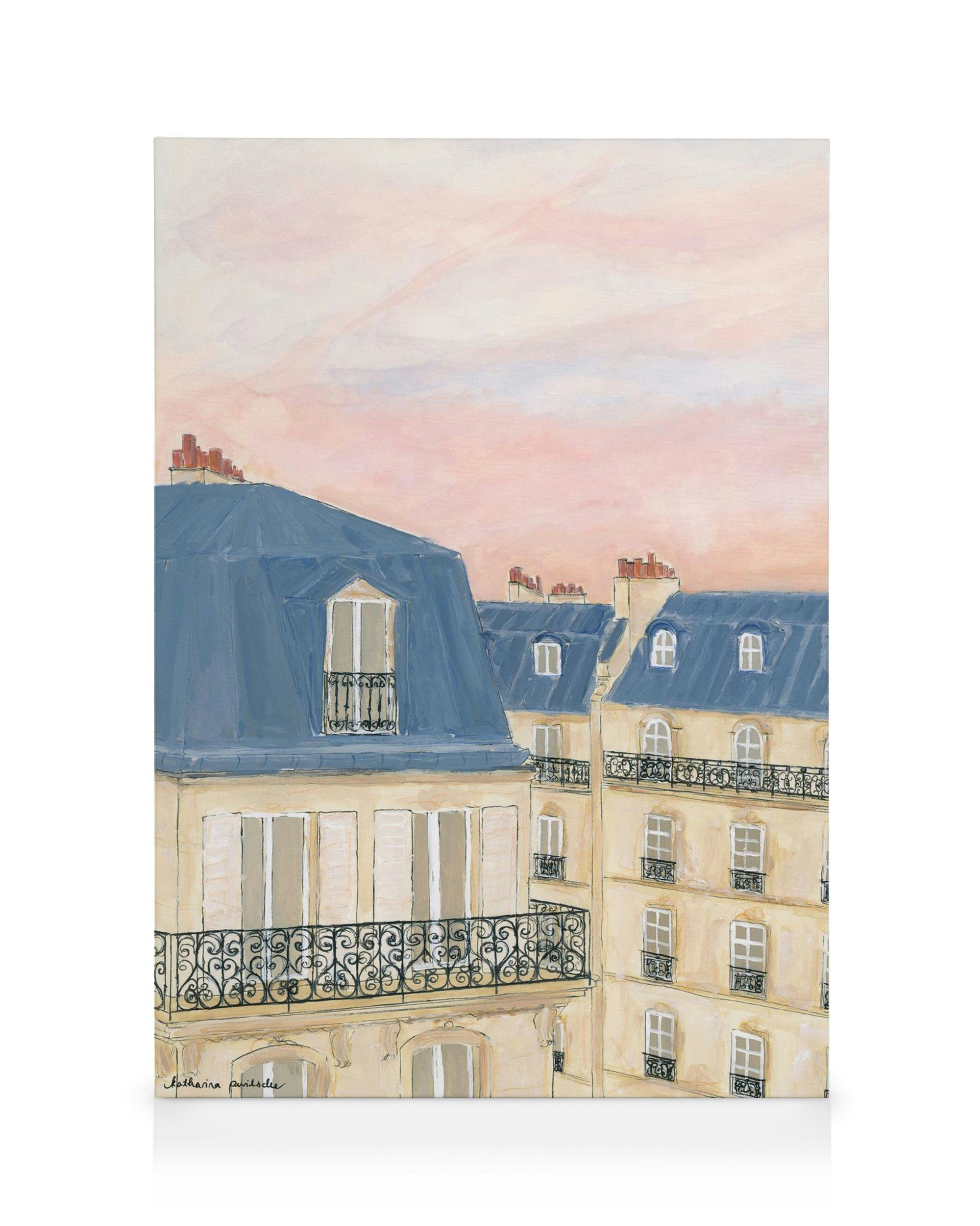 Lærred med Paris tage i gyldne og blå nuancer under en lyserød himmel. Et maleri af parisisk arkitektur.