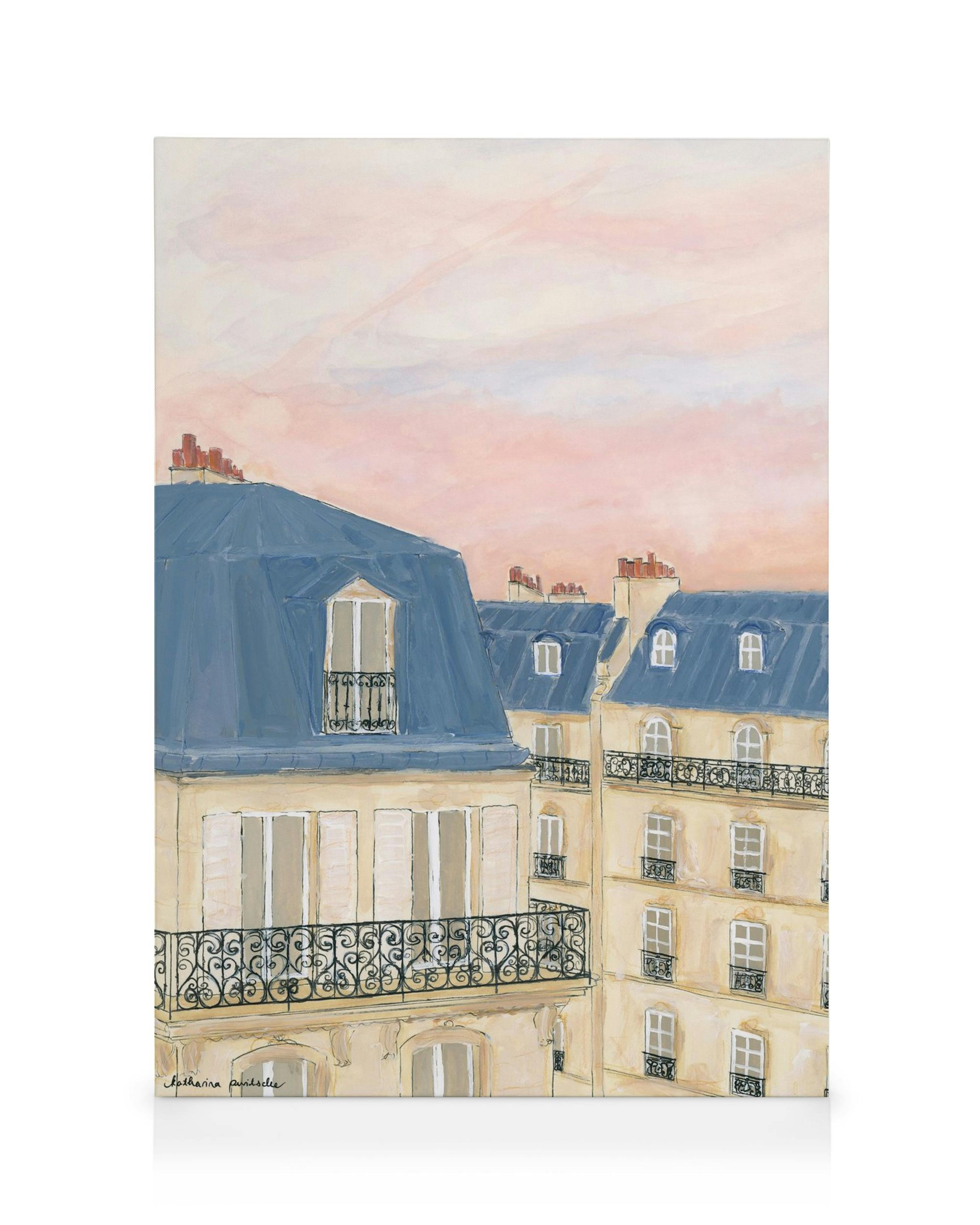 Lærred med Paris tage i gyldne og blå nuancer under en lyserød himmel. Et maleri af parisisk arkitektur.