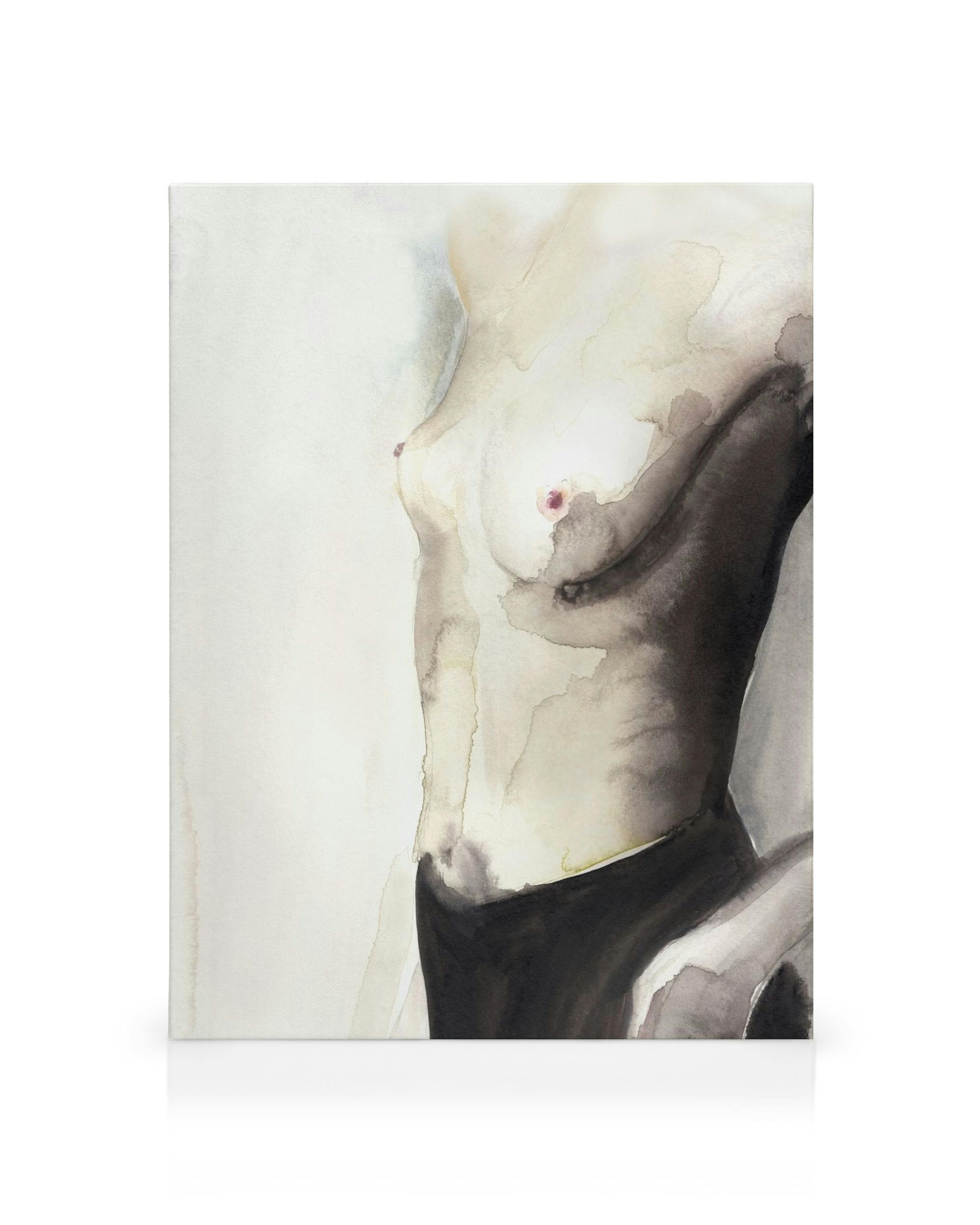 Watercolor canvas print of a torso in soft beige, black, pink, and yellow tones.