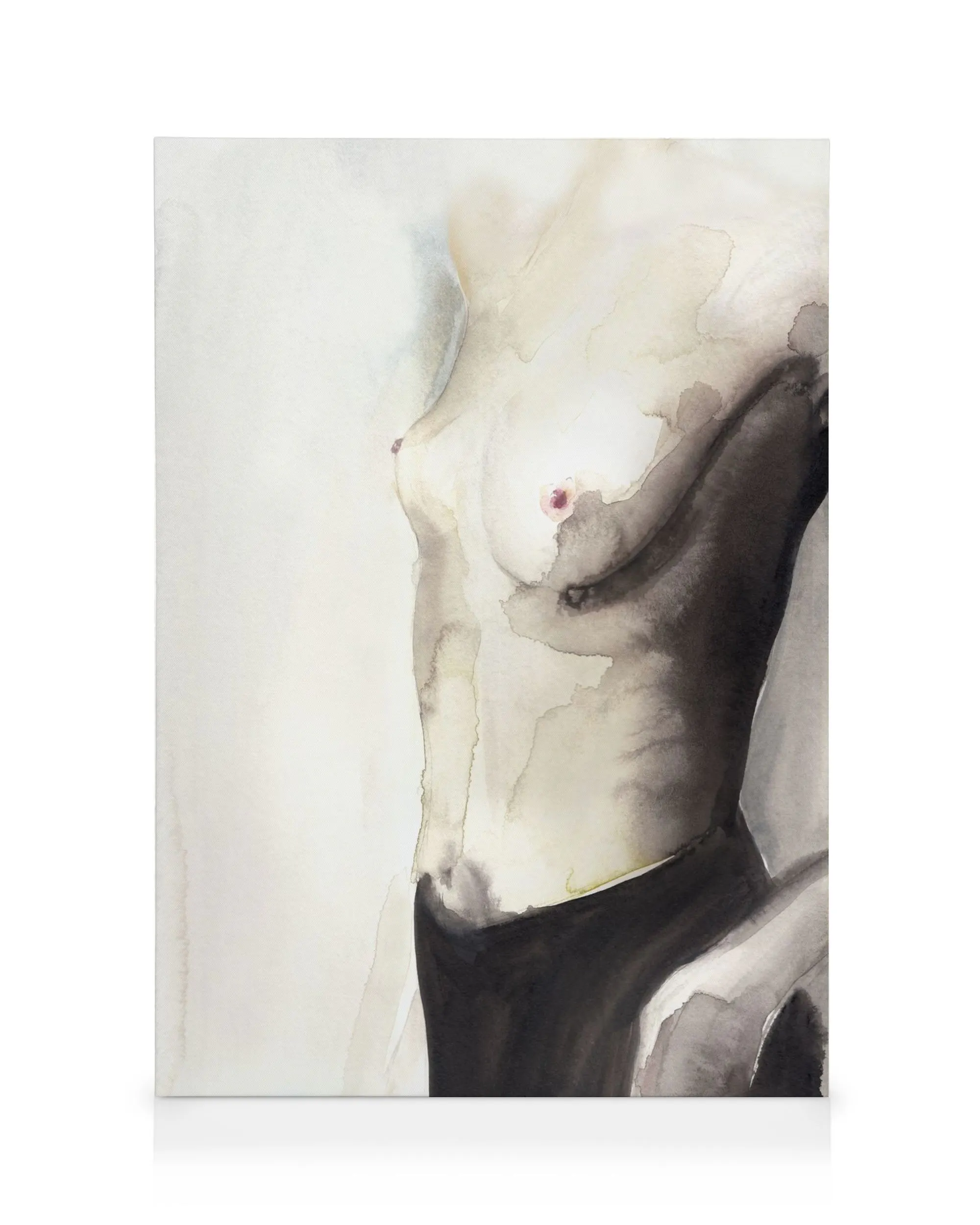 Quadro em tela Victoria Verbaan, Tell Me How Who, torso abstrato em aquarela, tons bege, preto, rosa, amarelo. Arte de parede.