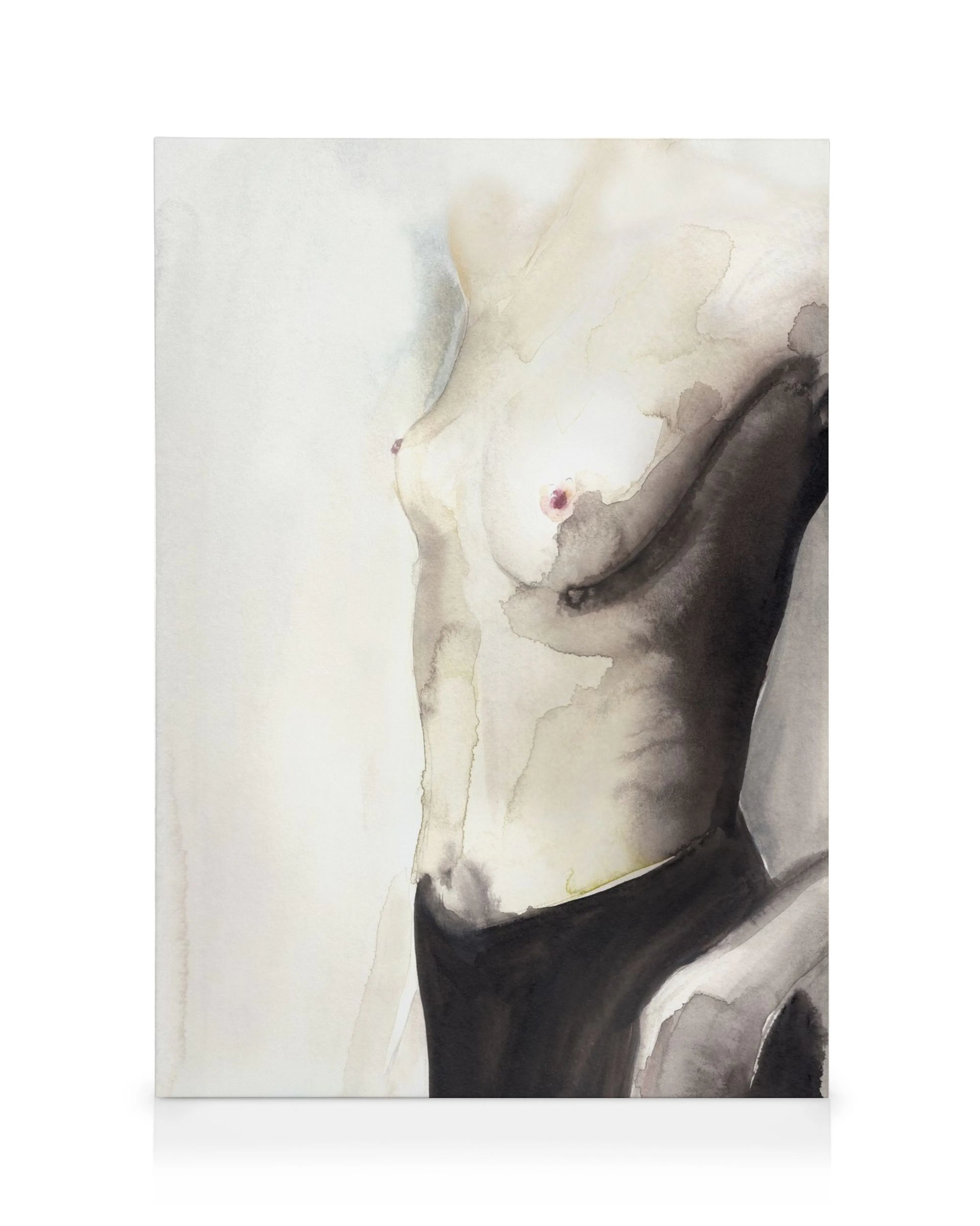 Quadro em tela Victoria Verbaan, Tell Me How Who, torso abstrato em aquarela, tons bege, preto, rosa, amarelo. Arte de parede.