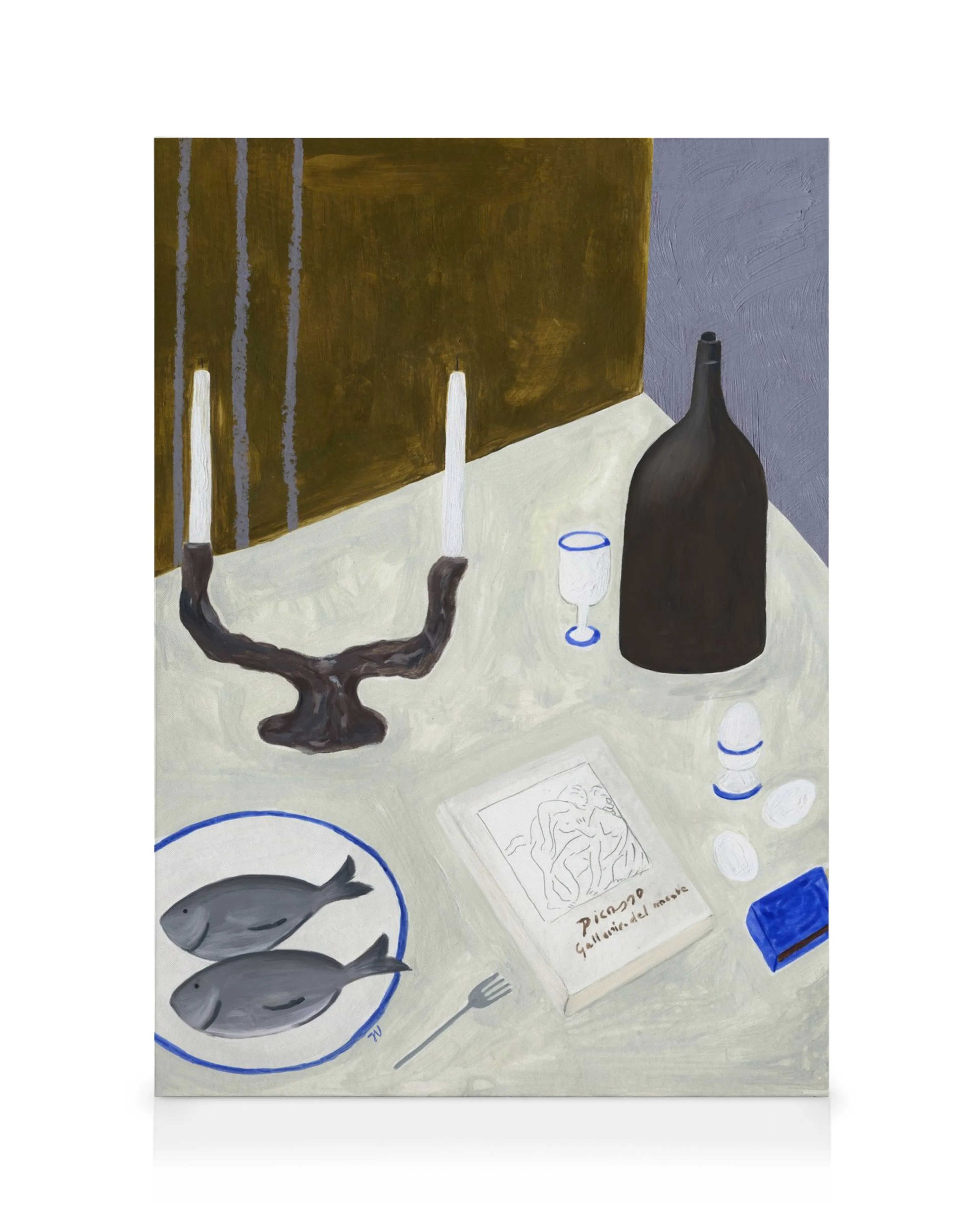 Gemälde eines Tisches mit Fischen, Kerzen, Flasche und Glas auf weißem Tuch, braun-blau