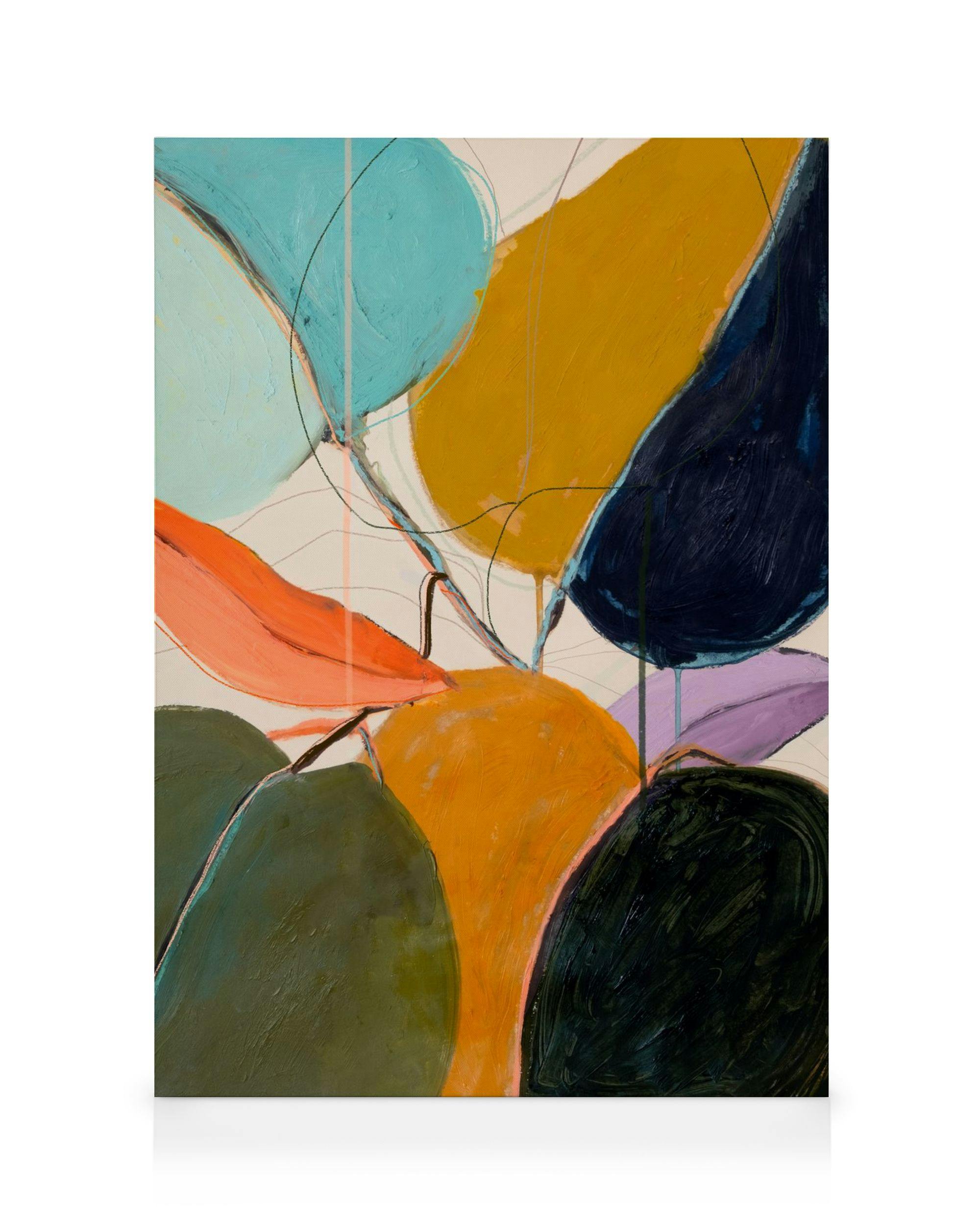 Lienzo abstracto con formas superpuestas en tonos azules, amarillos, naranjas, verdes y líneas delgadas.