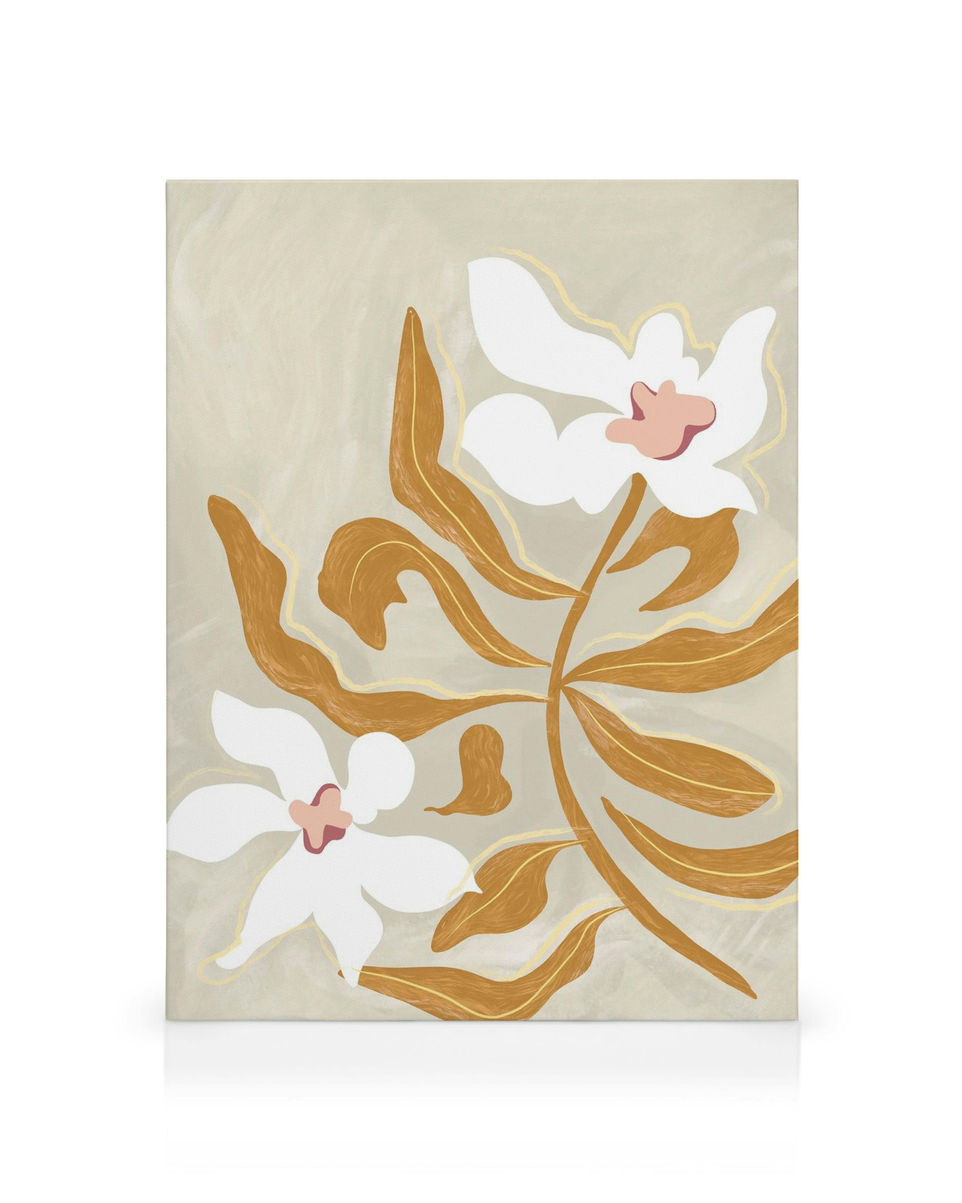 Canvas met abstracte witte bloemen, roze hartjes en goudkleurige bladeren op een lichte achtergrond