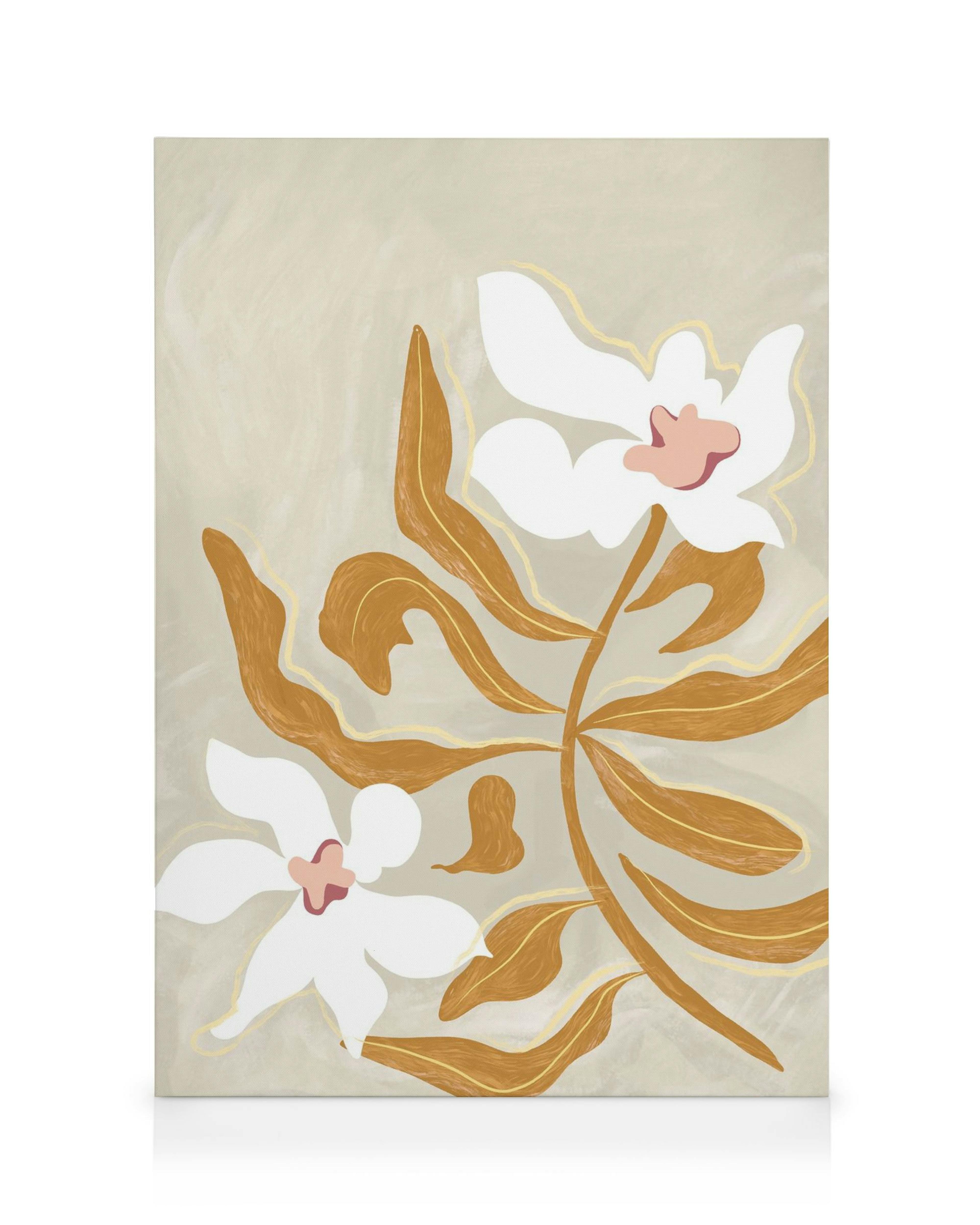 Leinwandbild mit abstrakten weißen Blumen, rosa Blütenzentren und goldenen Blättern auf hellem Hintergrund.