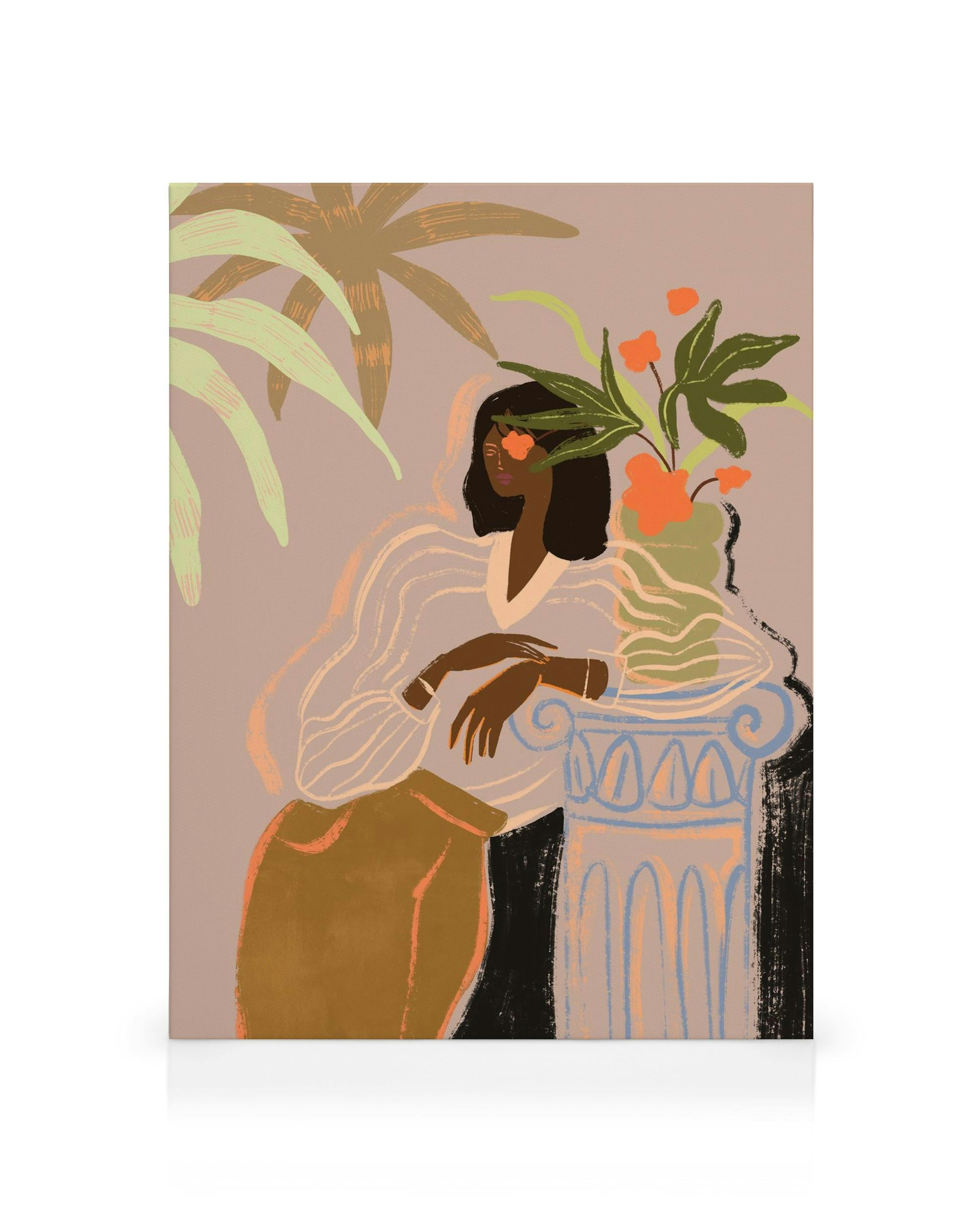 Leinwandbild Frau wartend, Lehnend an Säule mit Pflanzen, Kunstwerk von Lay Hoon