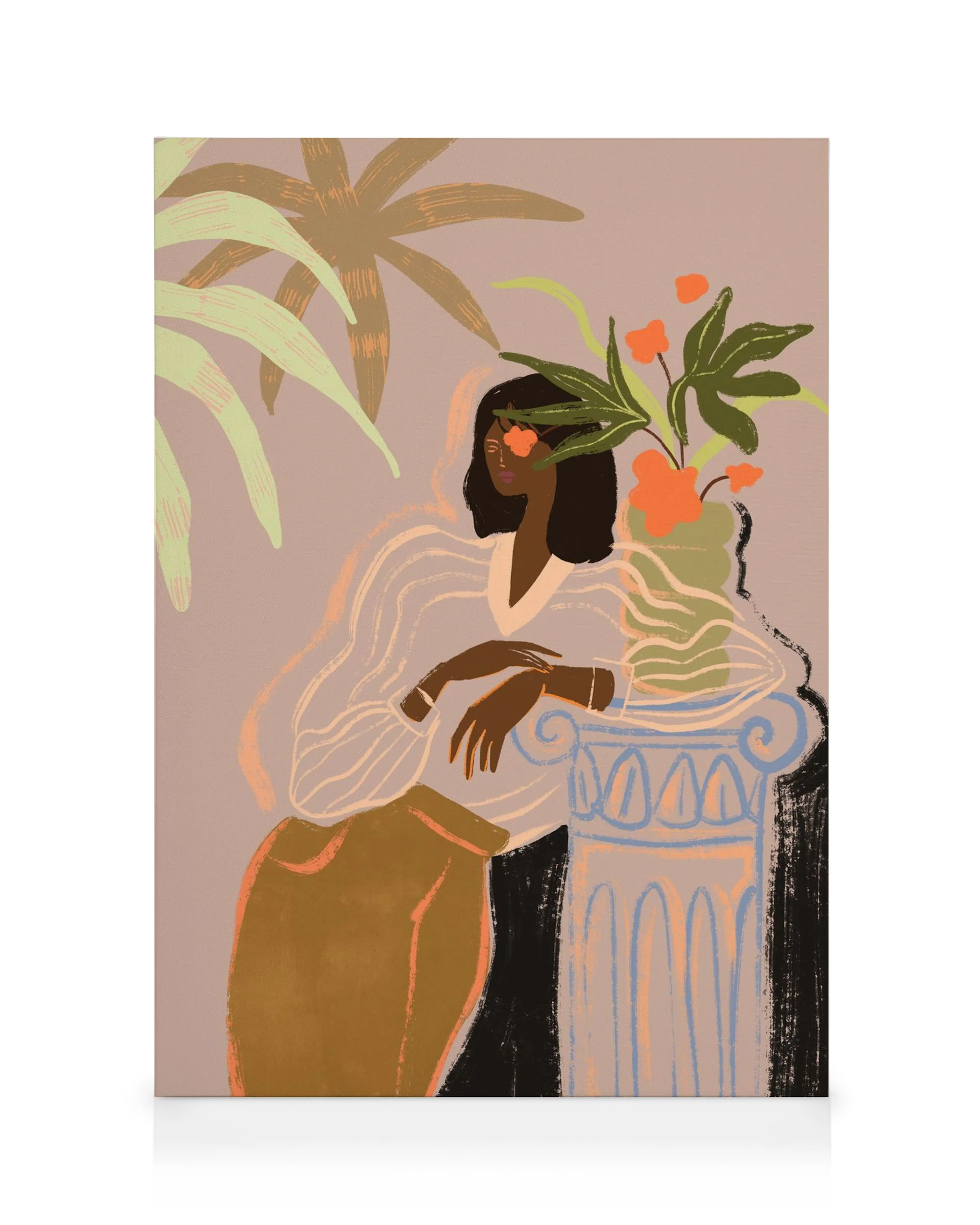 Schilderij van een vrouw met donker haar en zonnebril, leunend op een blauwe zuil met planten en een vaas