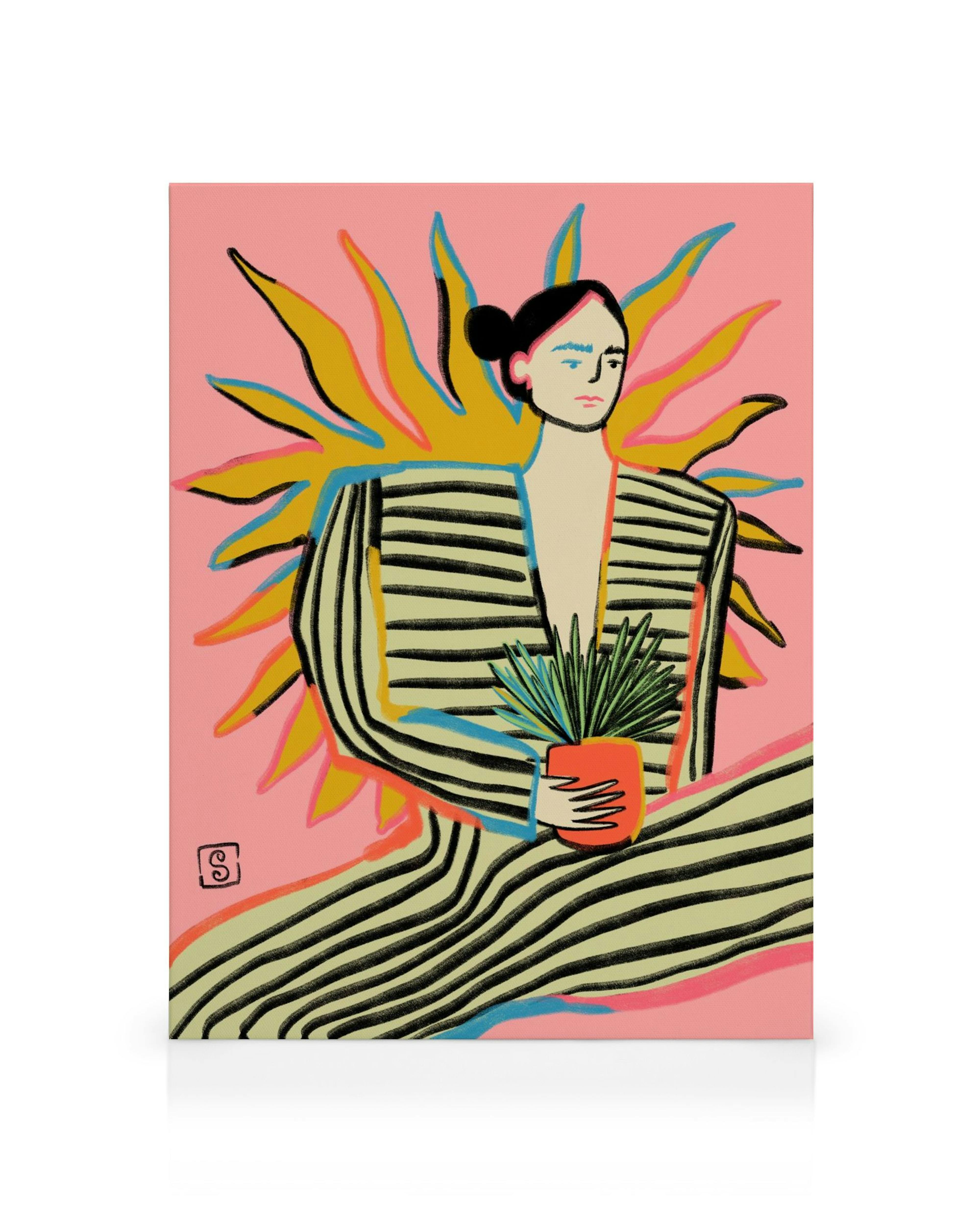 Sandra Poliakov Sun Power canvas print, a woman in a striped robe holding a plant, with sun rays on a pink background.