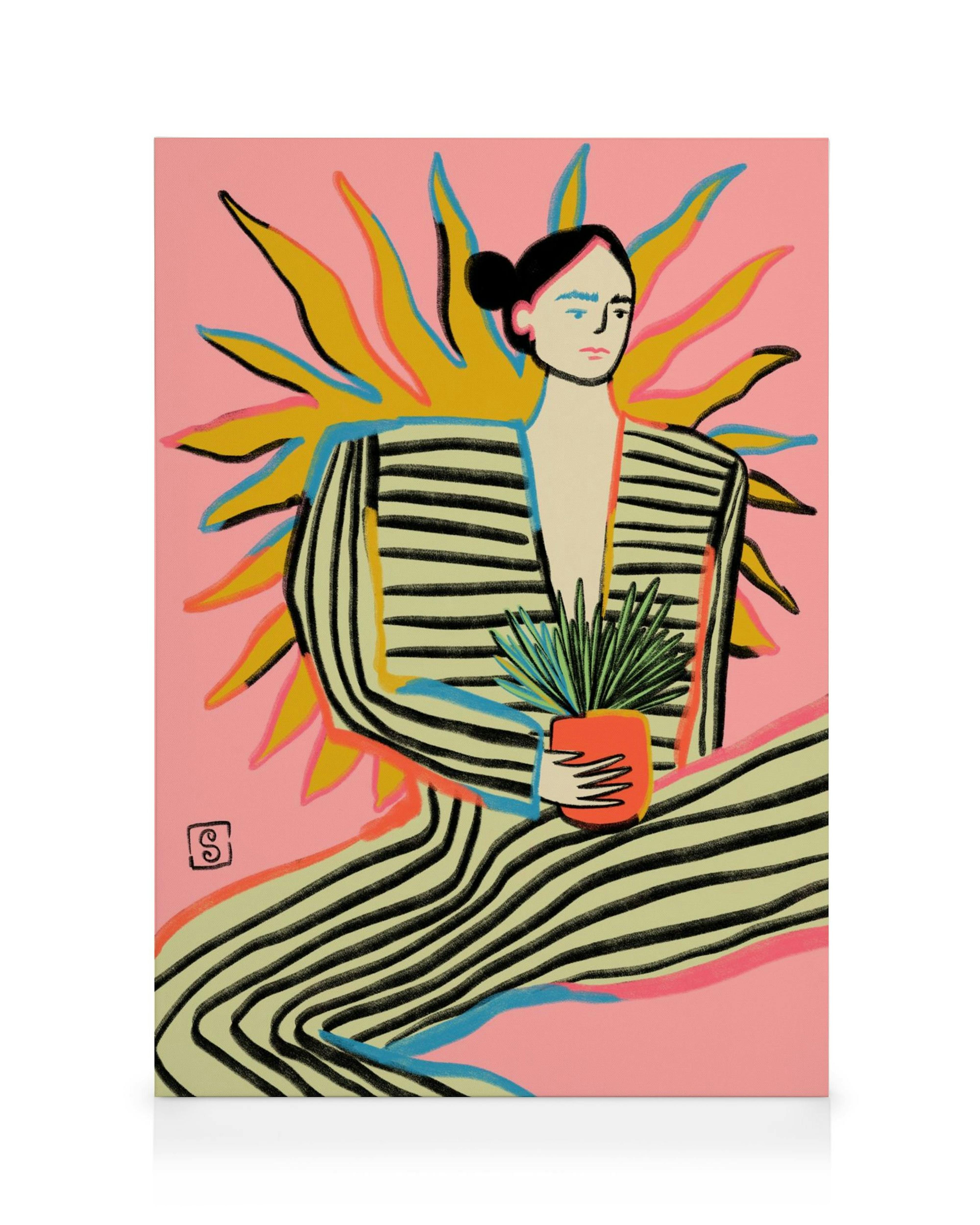 Lienzo Sandra Poliakov con arte lineal: figura en bata de rayas, fondo rosa con sol amarillo, planta en maceta naranja.