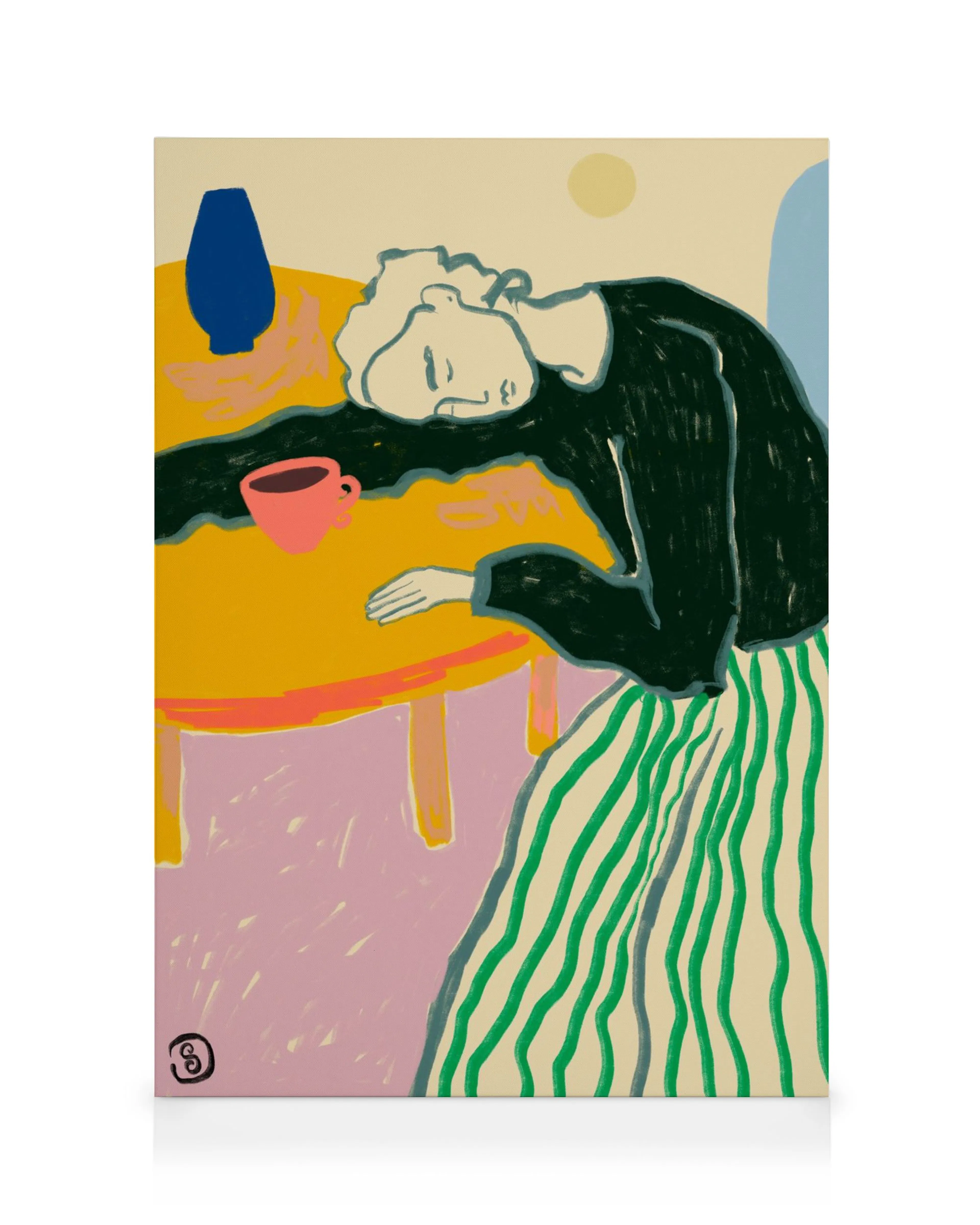 Motherhood Canvas print of a person resting on an orange table with a pink cup, blue vase, and striped pants.